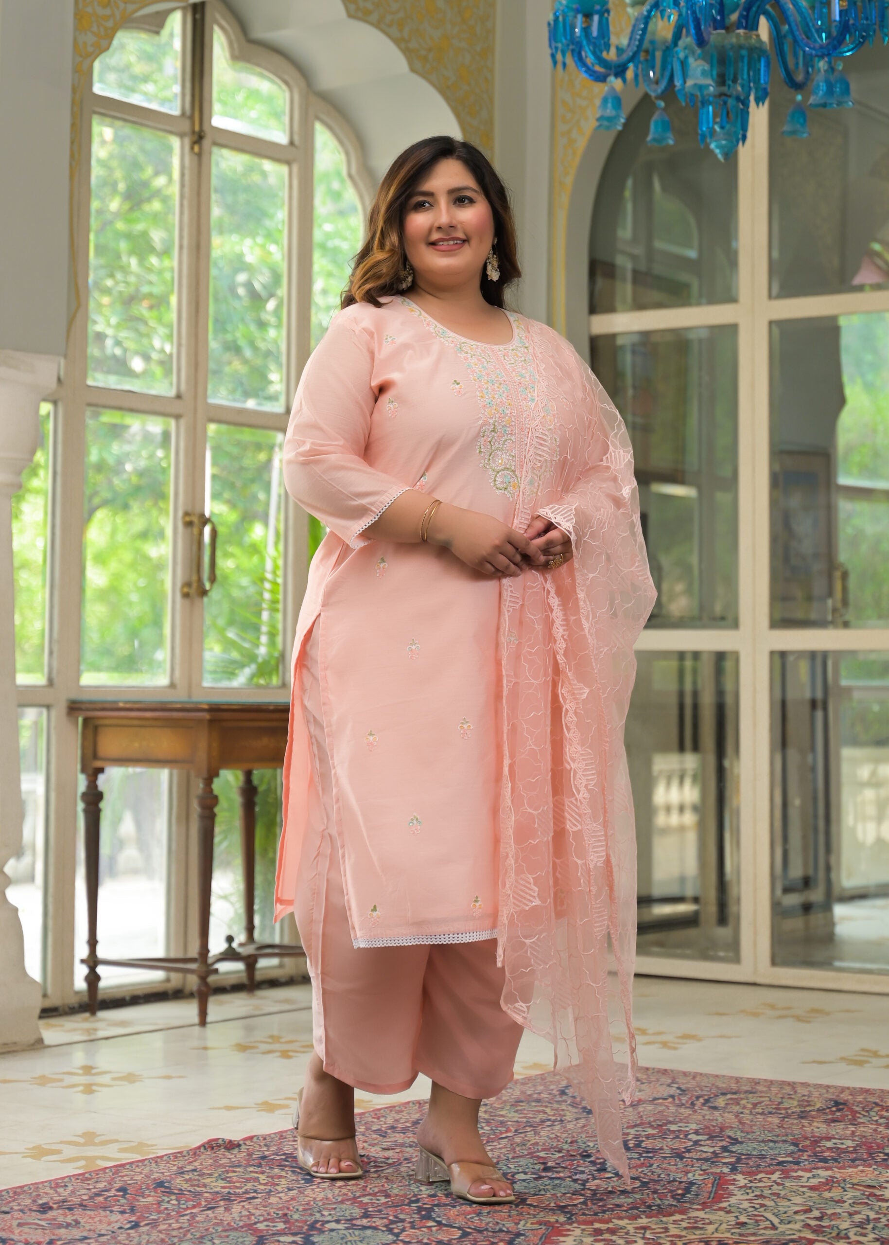 Label Khoj Women's Chanderi Embroidered Kurta with Pant and Dupatta