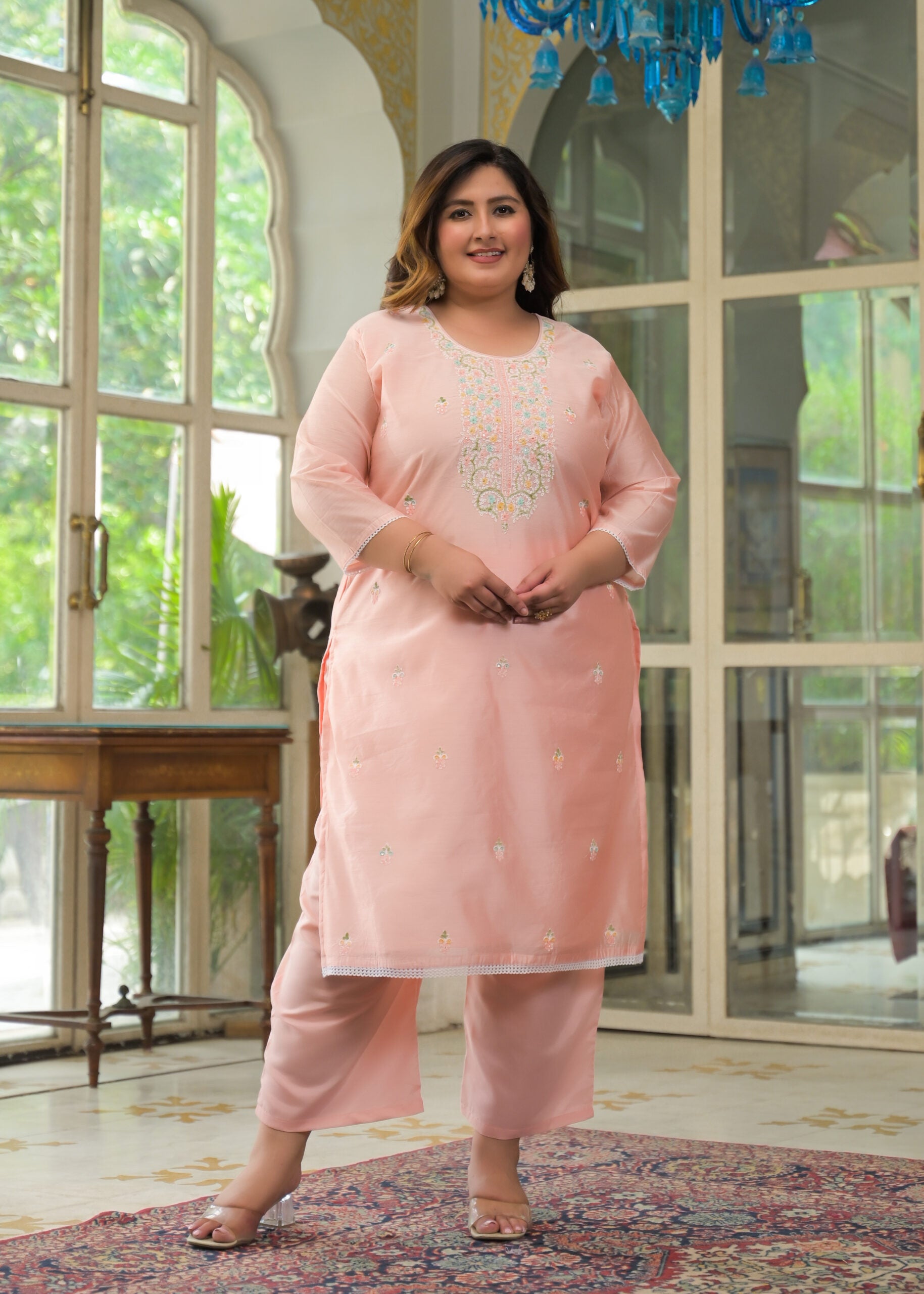 Label Khoj Women's Chanderi Embroidered Kurta with Pant and Dupatta