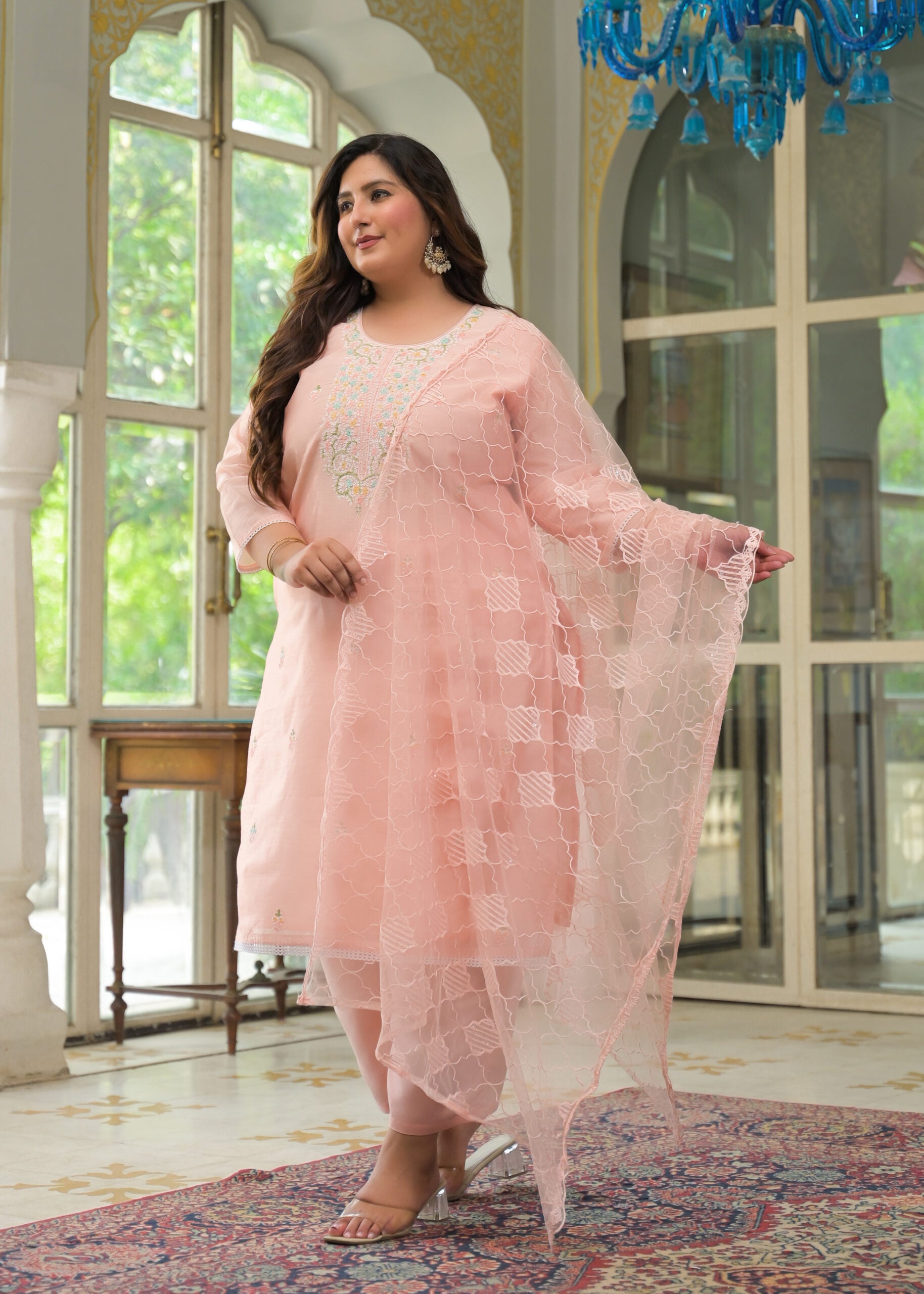 Label Khoj Women's Chanderi Embroidered Kurta with Pant and Dupatta