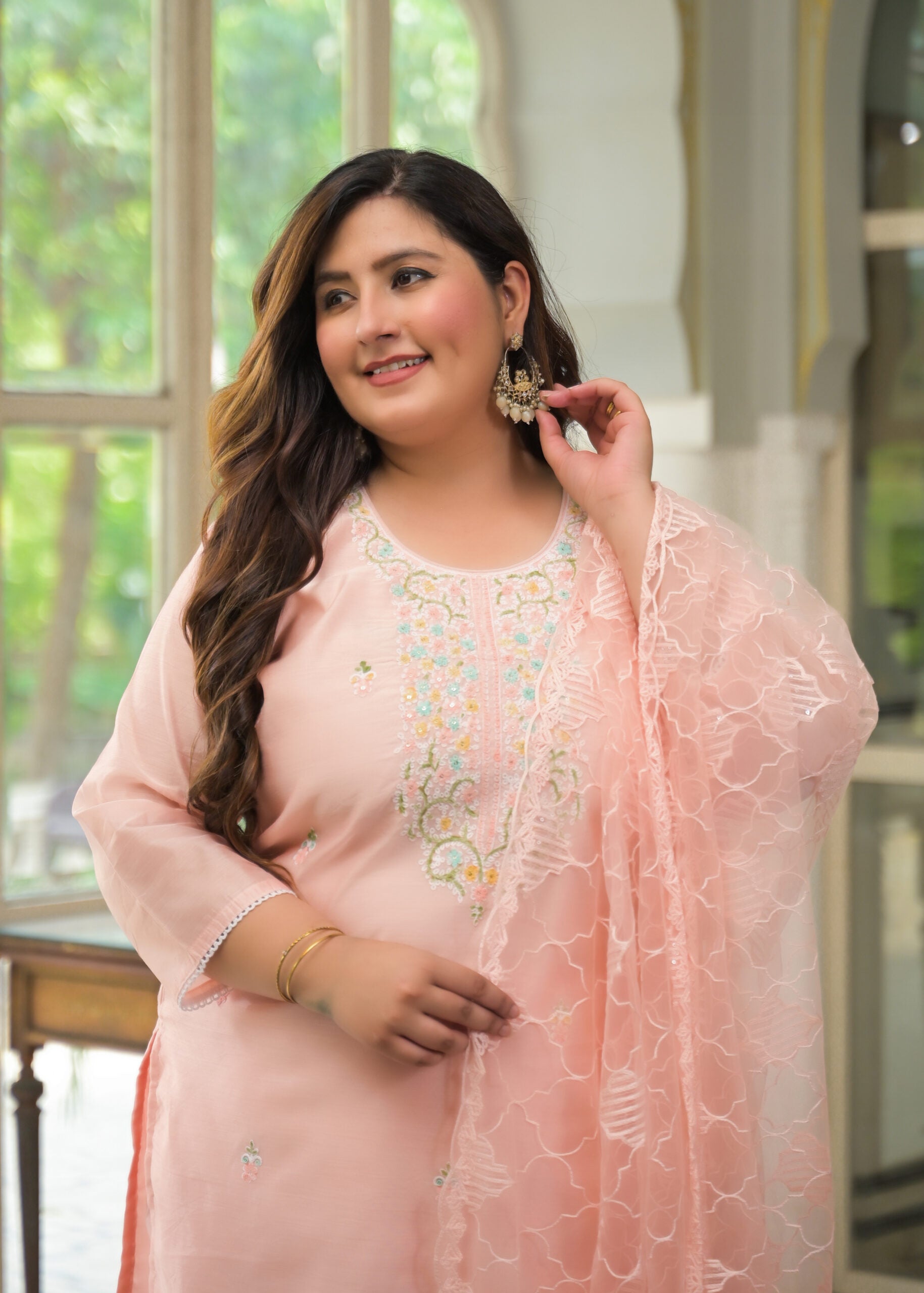 Label Khoj Women's Chanderi Embroidered Kurta with Pant and Dupatta