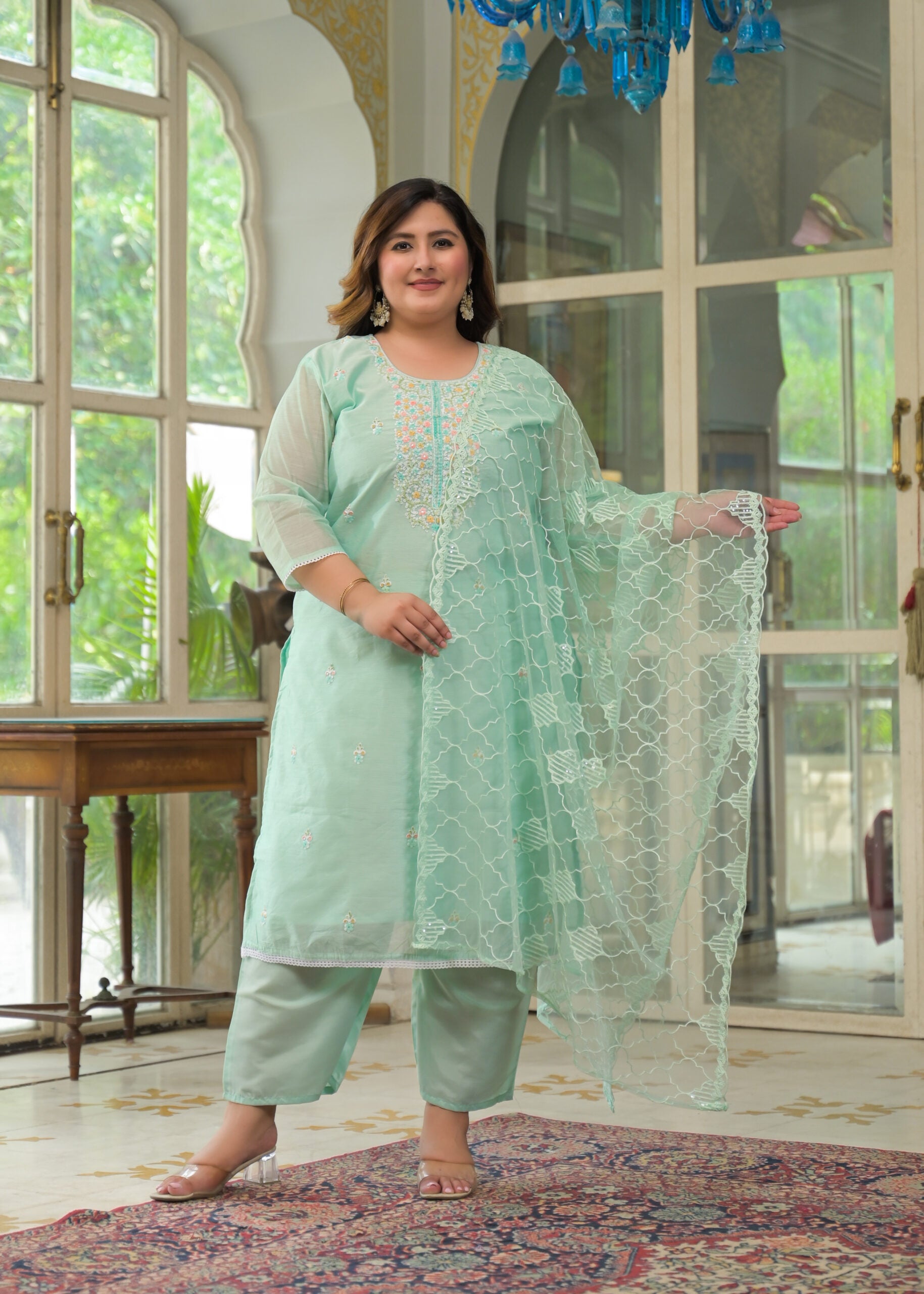 Label Khoj Women's Chanderi Embroidered Kurta with Pant and Dupatta