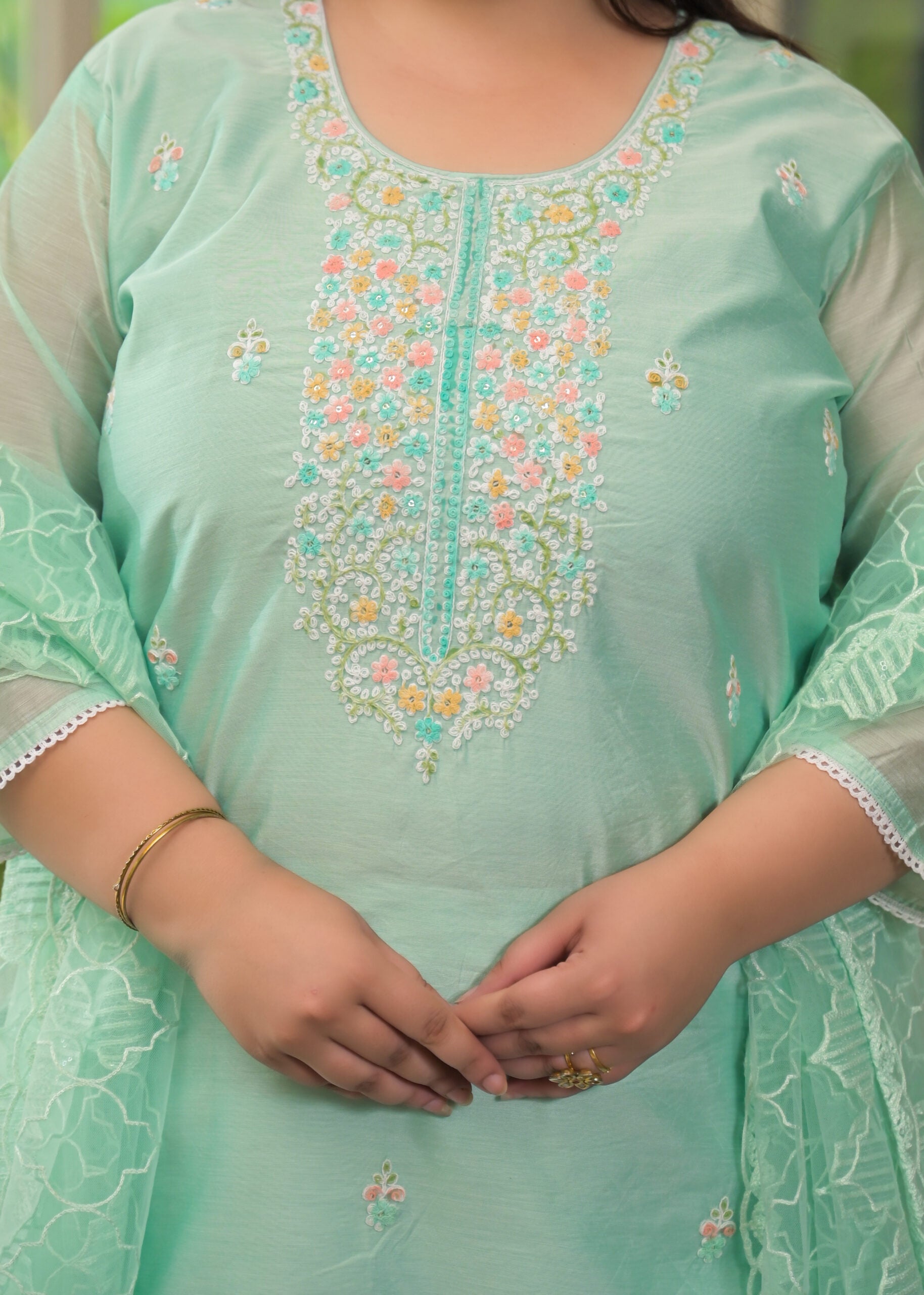Label Khoj Women's Chanderi Embroidered Kurta with Pant and Dupatta