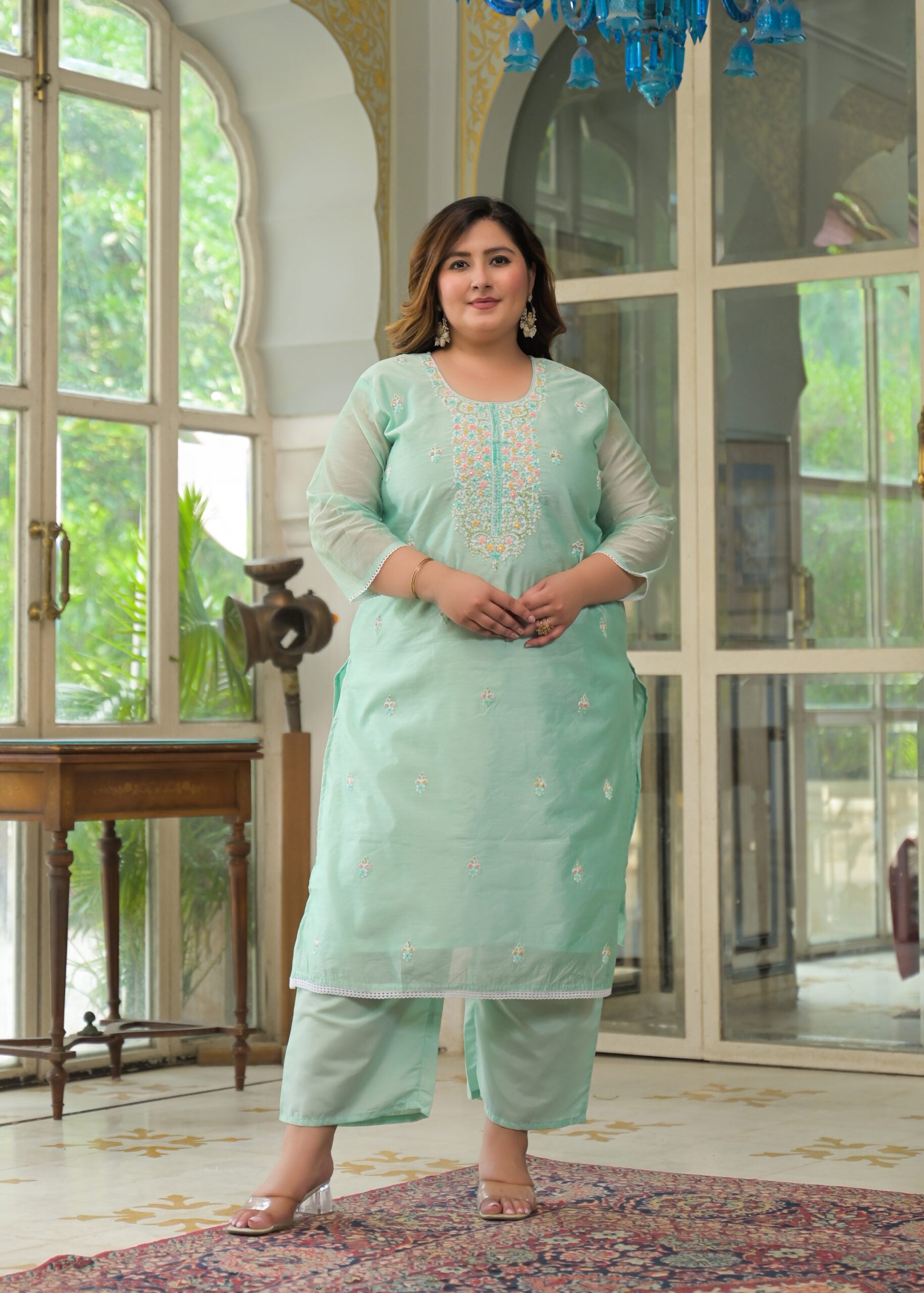 Label Khoj Women's Chanderi Embroidered Kurta with Pant and Dupatta