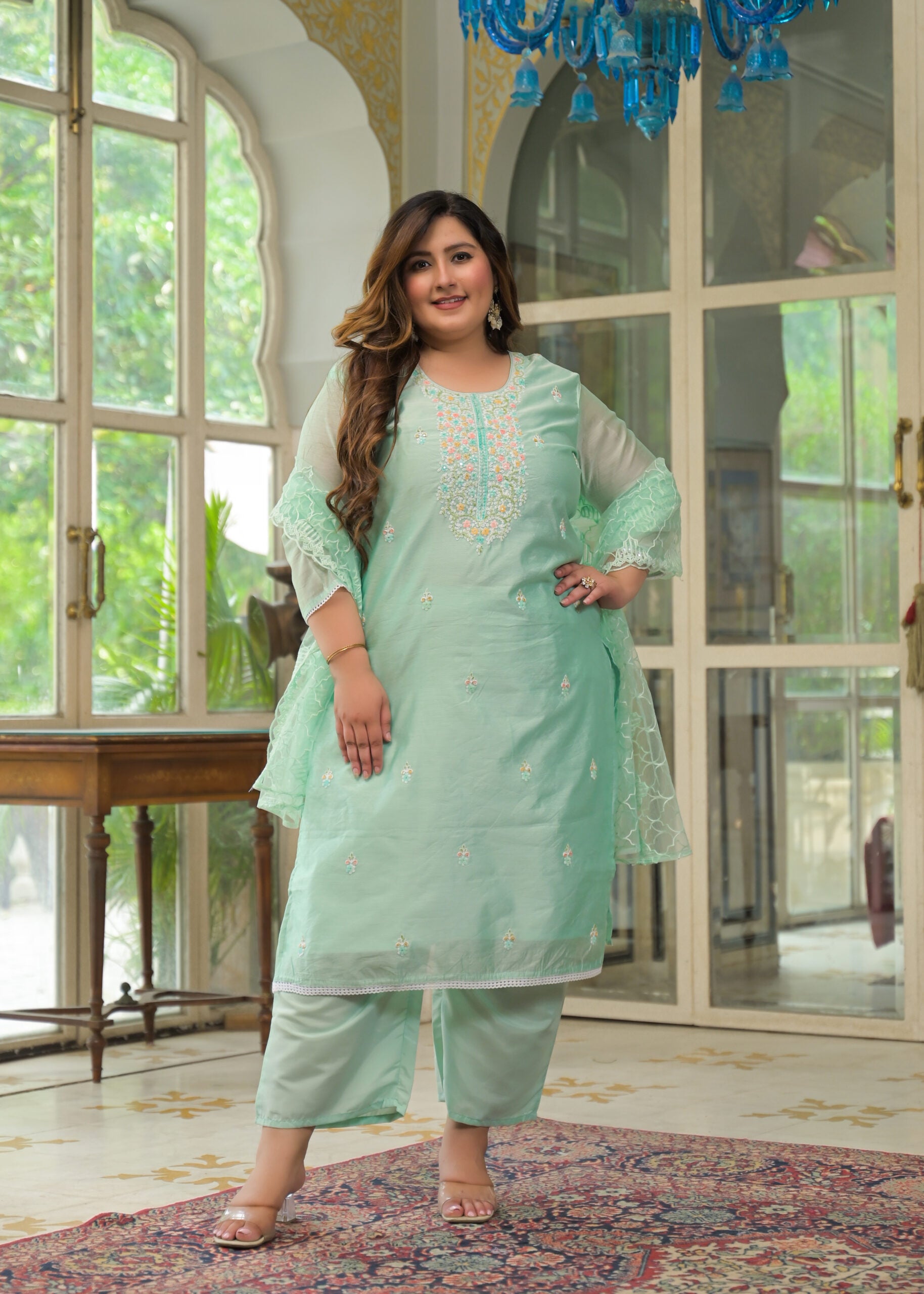 Label Khoj Women's Chanderi Embroidered Kurta with Pant and Dupatta