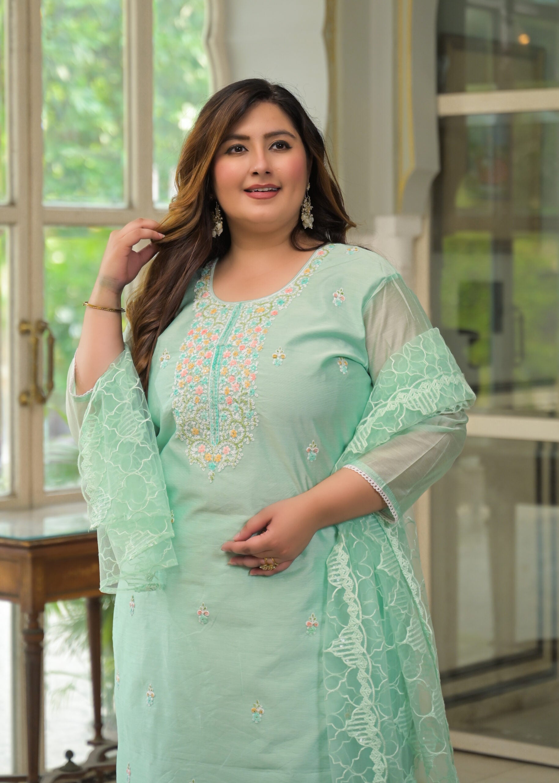 Label Khoj Women's Chanderi Embroidered Kurta with Pant and Dupatta