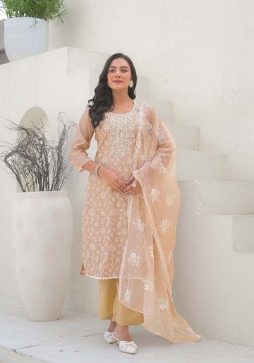 Label Khoj Women Chanderi kurta, trouser and dupptta set