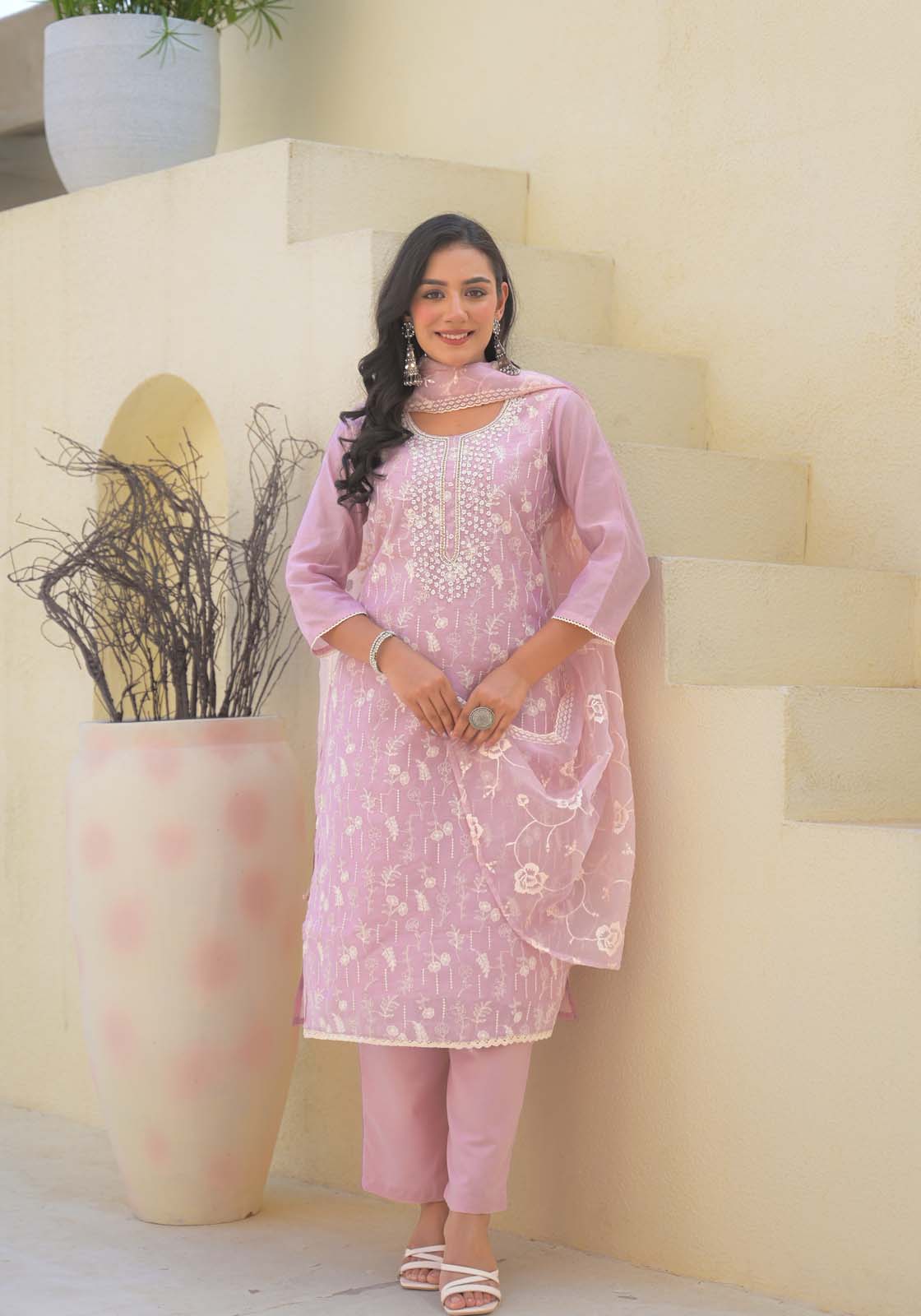 Label Khoj Women Chanderi kurta, trouser and dupptta set