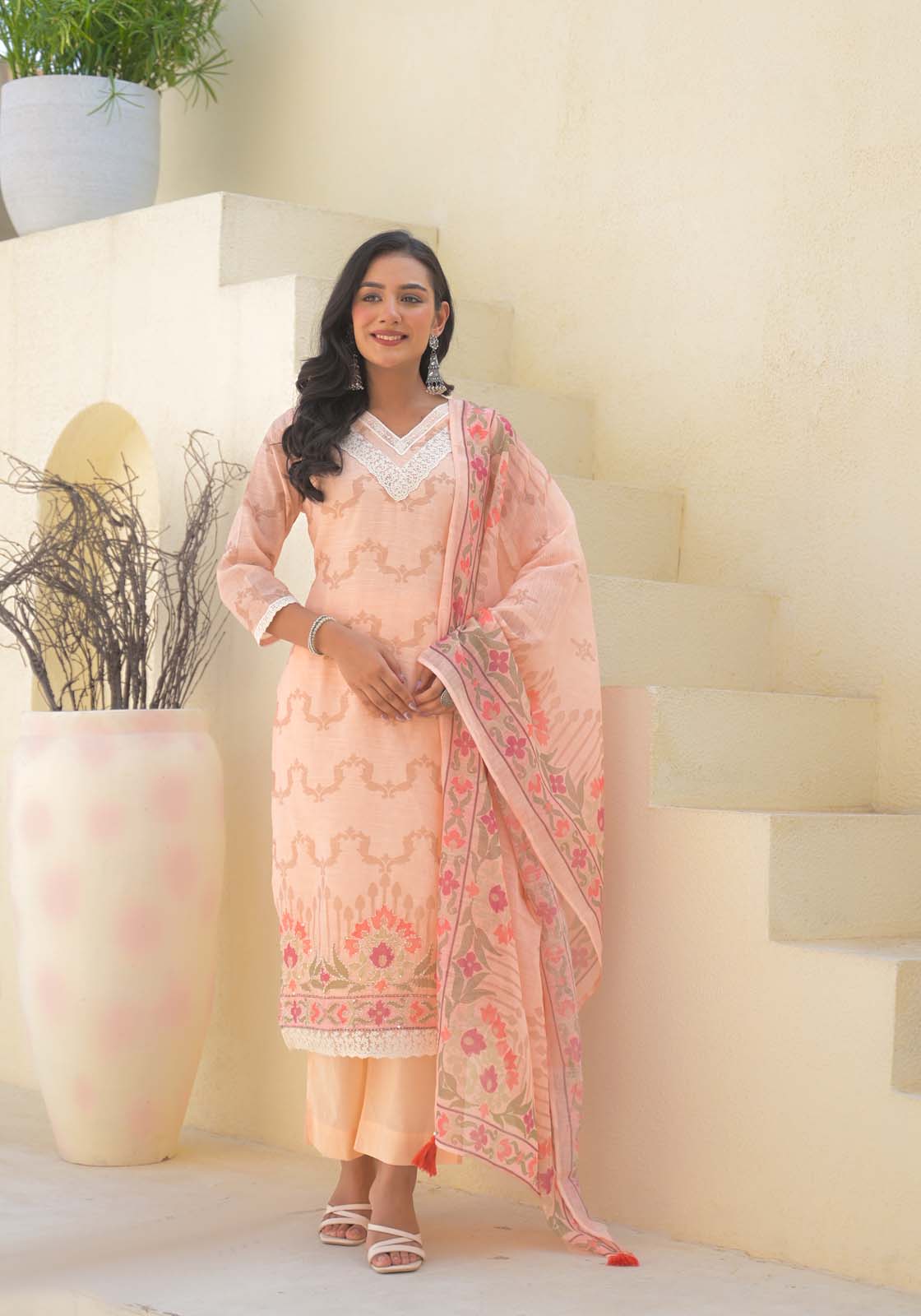 Label Khoj Women Lilen kurta, trouser and dupptta set