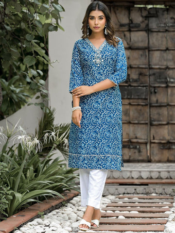 Label Khoj Women  Cotton  Embroidery Blue Color Kurta For Women
