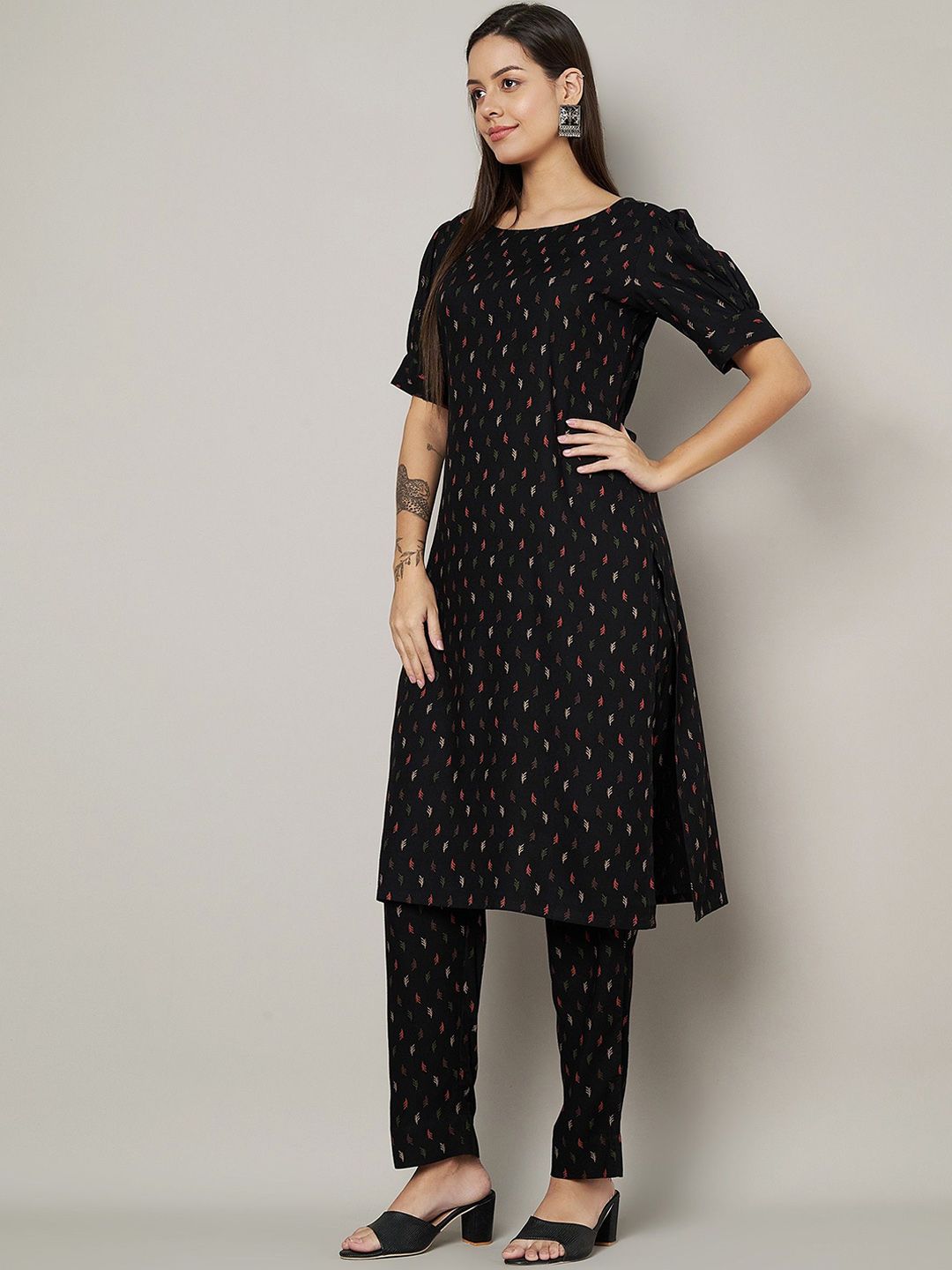 Label Khoj Womens Black Rayon Printed Coord Set