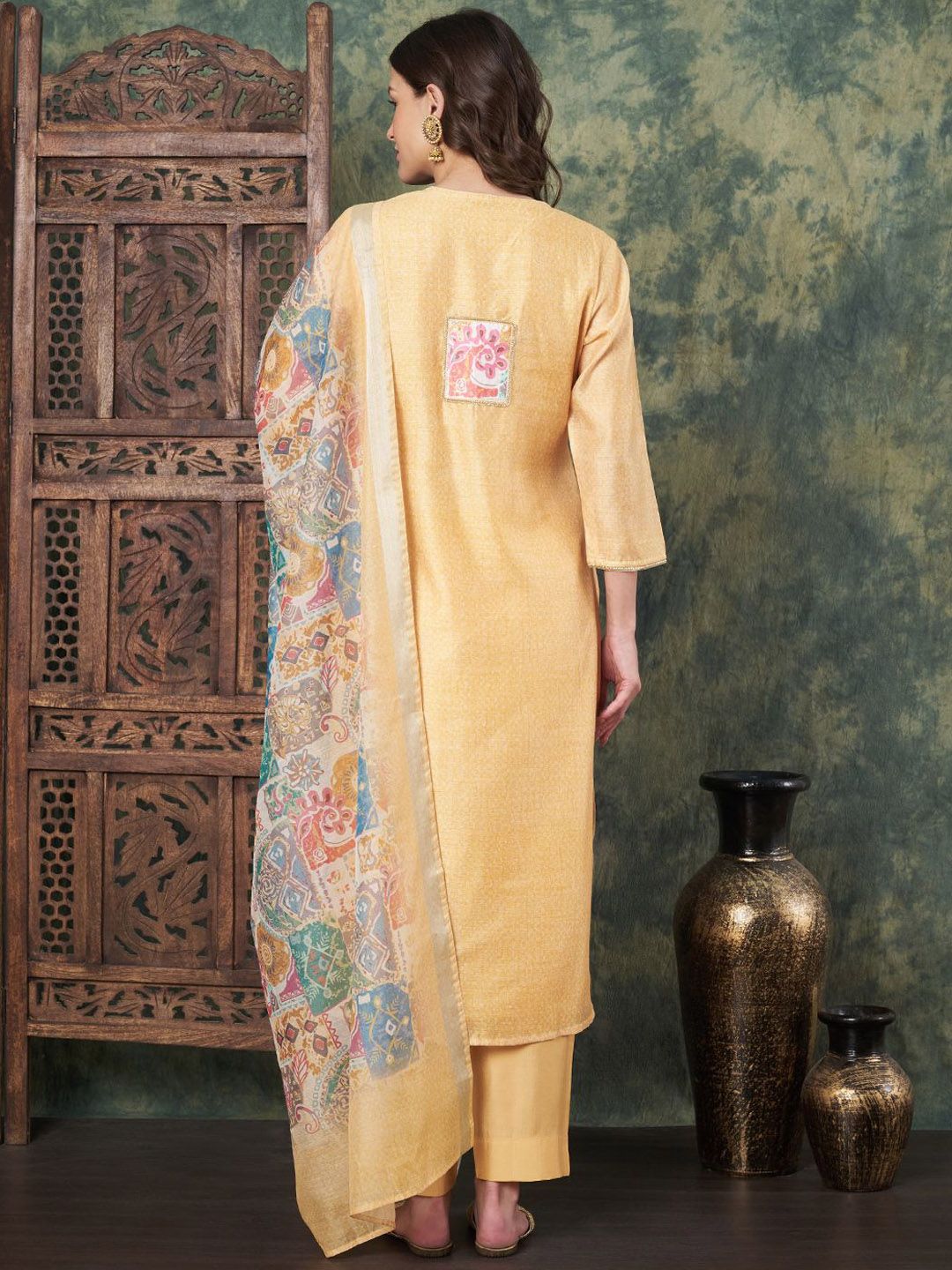 Label Khoj Women's Yellow Chanderi Embroidered Kurta with Pant and Yellow Dupatta