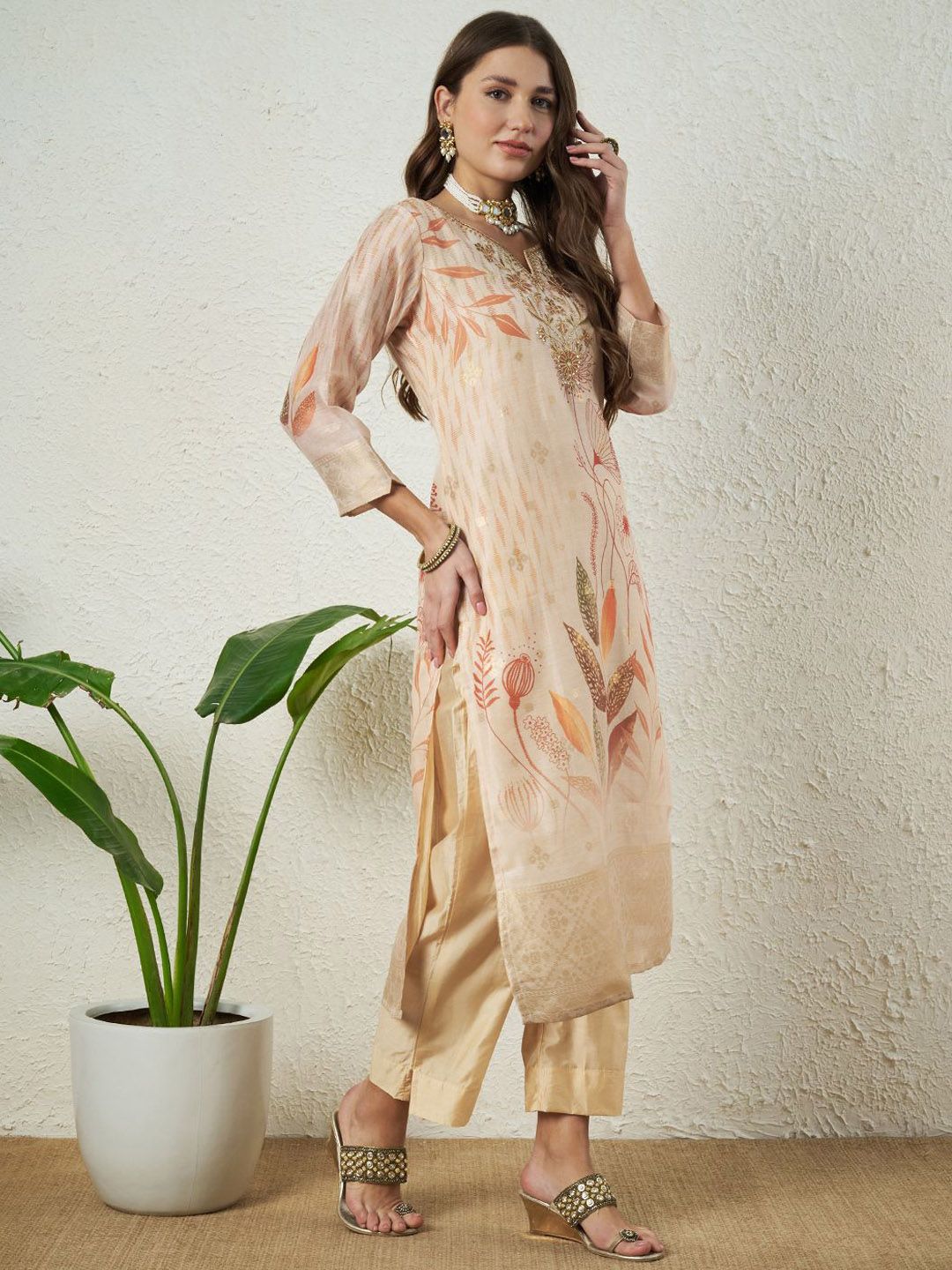 Label Khoj Women Silk Jacqured  Embroidery  Work Cream Color Kurta & Bottom With Dupatta  Set