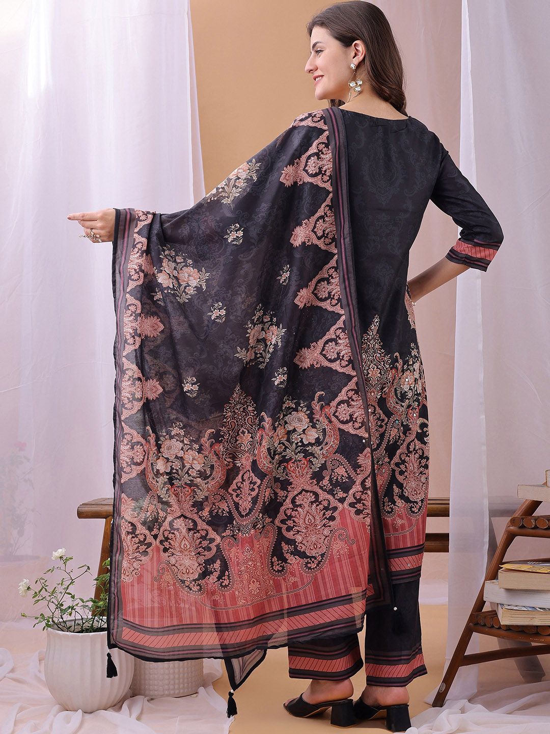 Label Khoj Women's Silk Blend Handwork Kurta with Pant and Dupatta