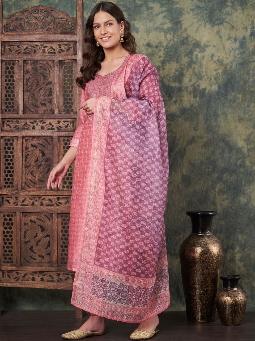 Label Khoj Women's Peach Chanderi Embroidered Kurta with Pant and Peach Dupatta