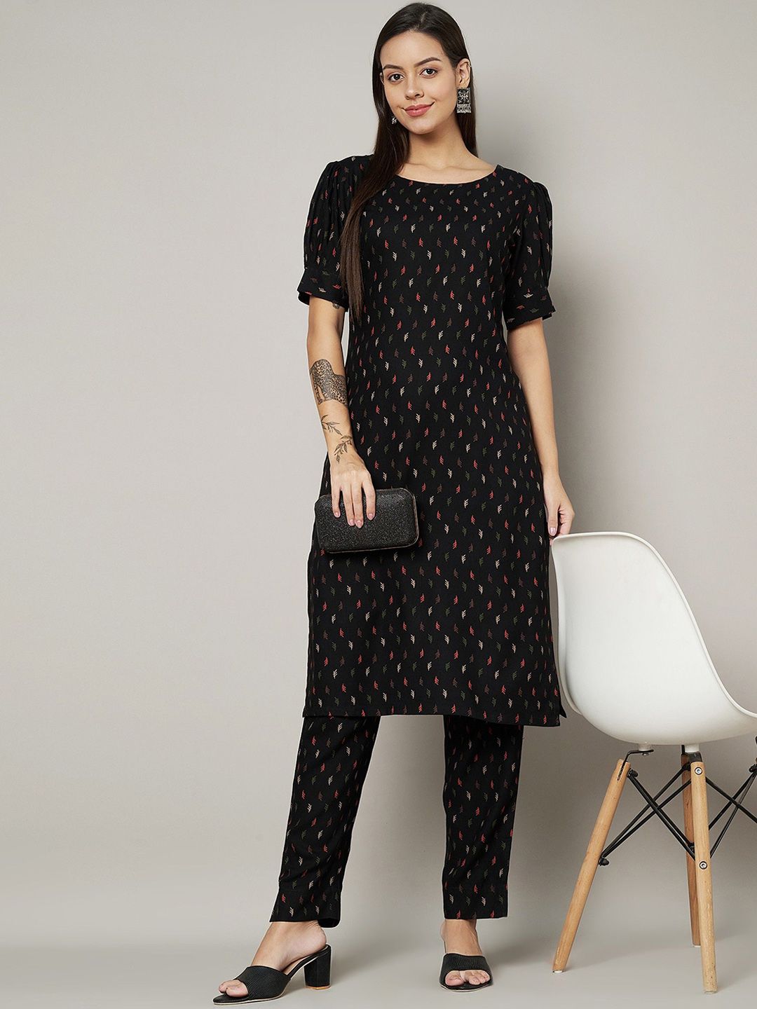 Label Khoj Womens Black Rayon Printed Coord Set