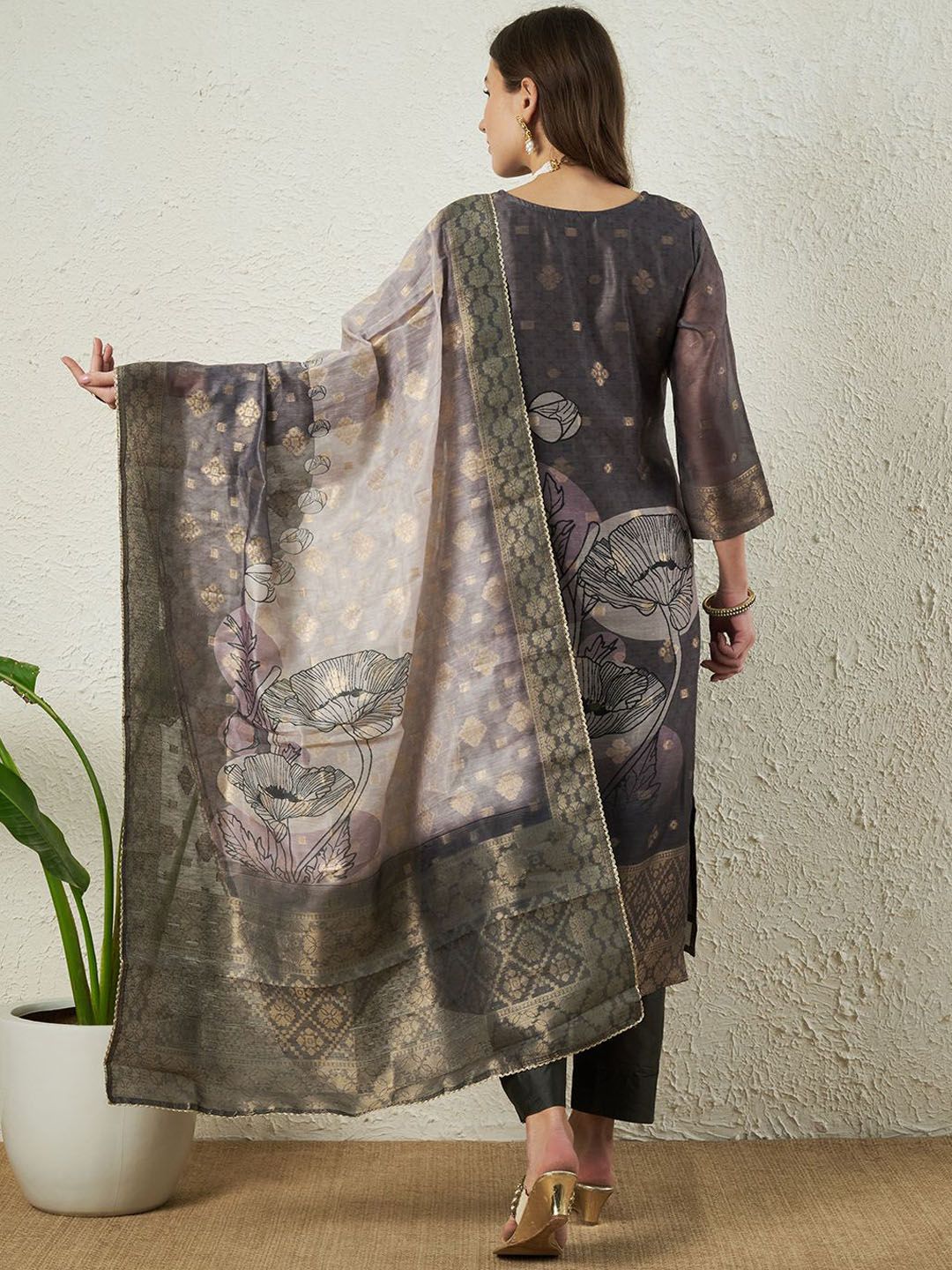 Label Khoj Women Silk Jacqured  Embroidery  Work Grey Color Kurta & Bottom With Dupatta  Set