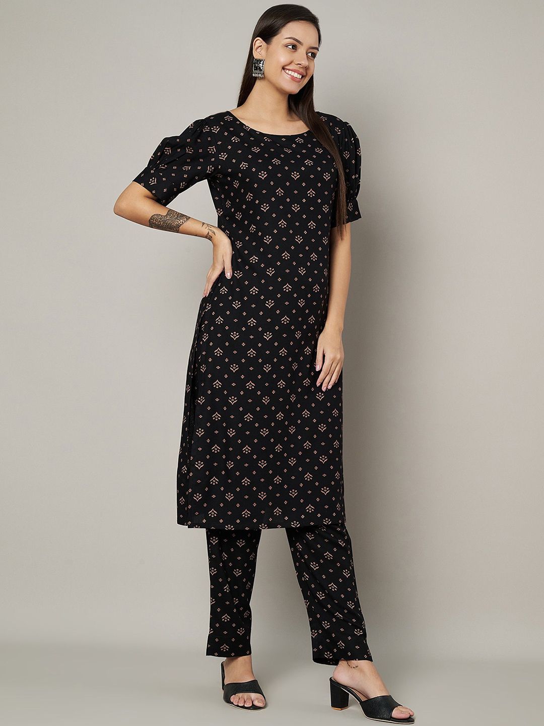 Label Khoj Womens Black Rayon Printed Coord Set