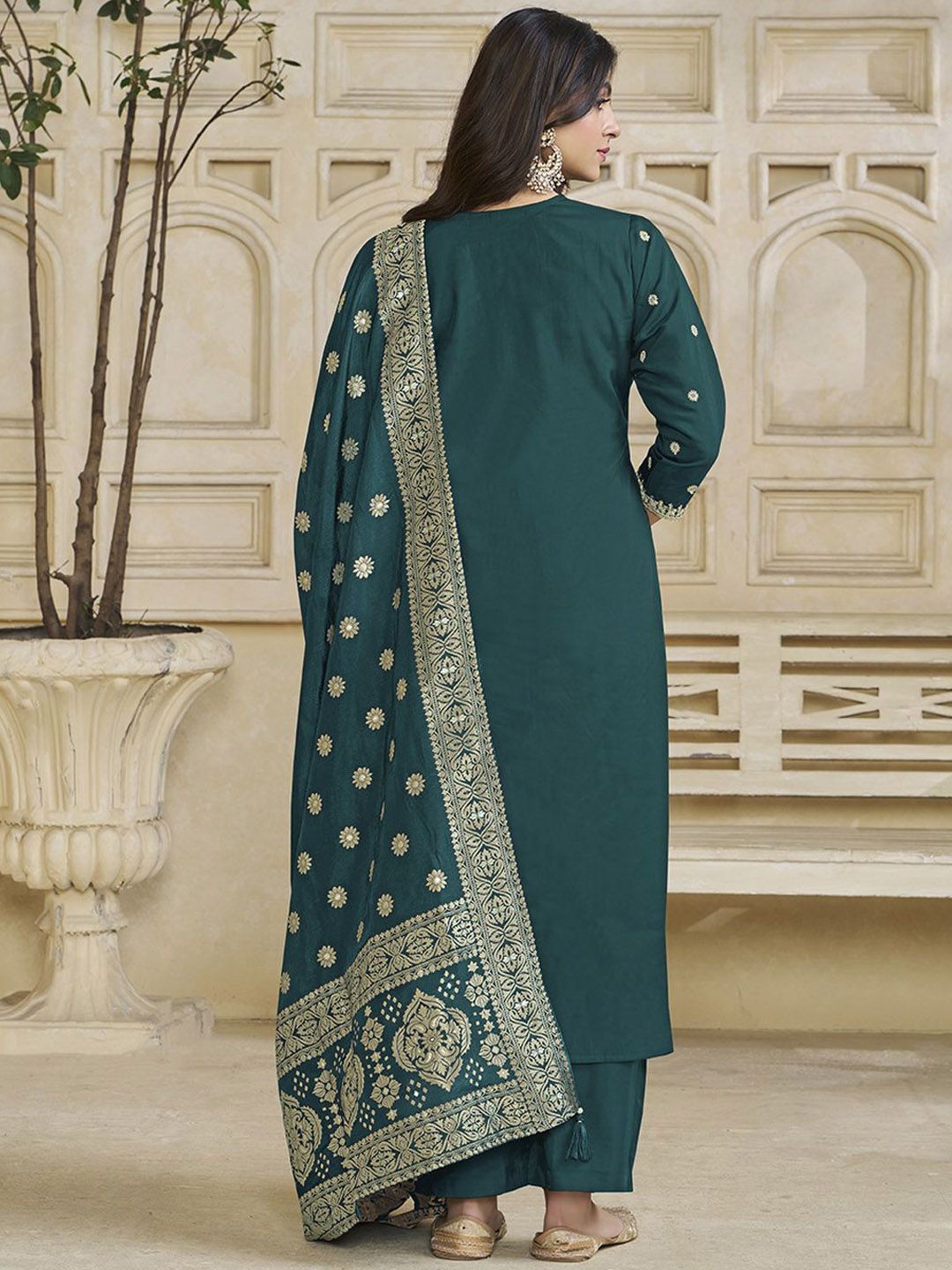 Label Khoj Women Roman Silk Embroidery  Work Firoji Color Kurta & Bottom With Dupatta  Set