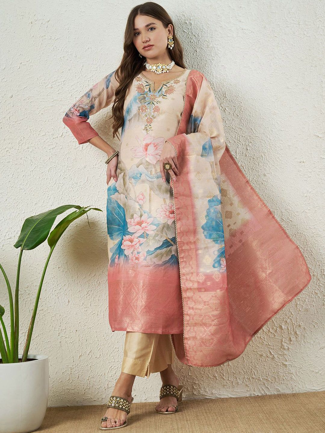 Label Khoj Women Silk Jacqured  Embroidery  Work Cream Color Kurta & Bottom With Dupatta  Set