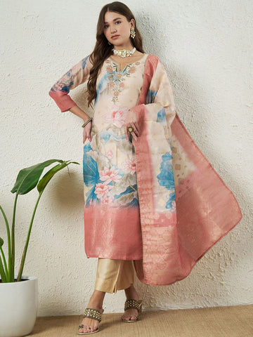 Label Khoj Women Silk Jacqured  Embroidery  Work Cream Color Kurta & Bottom With Dupatta  Set
