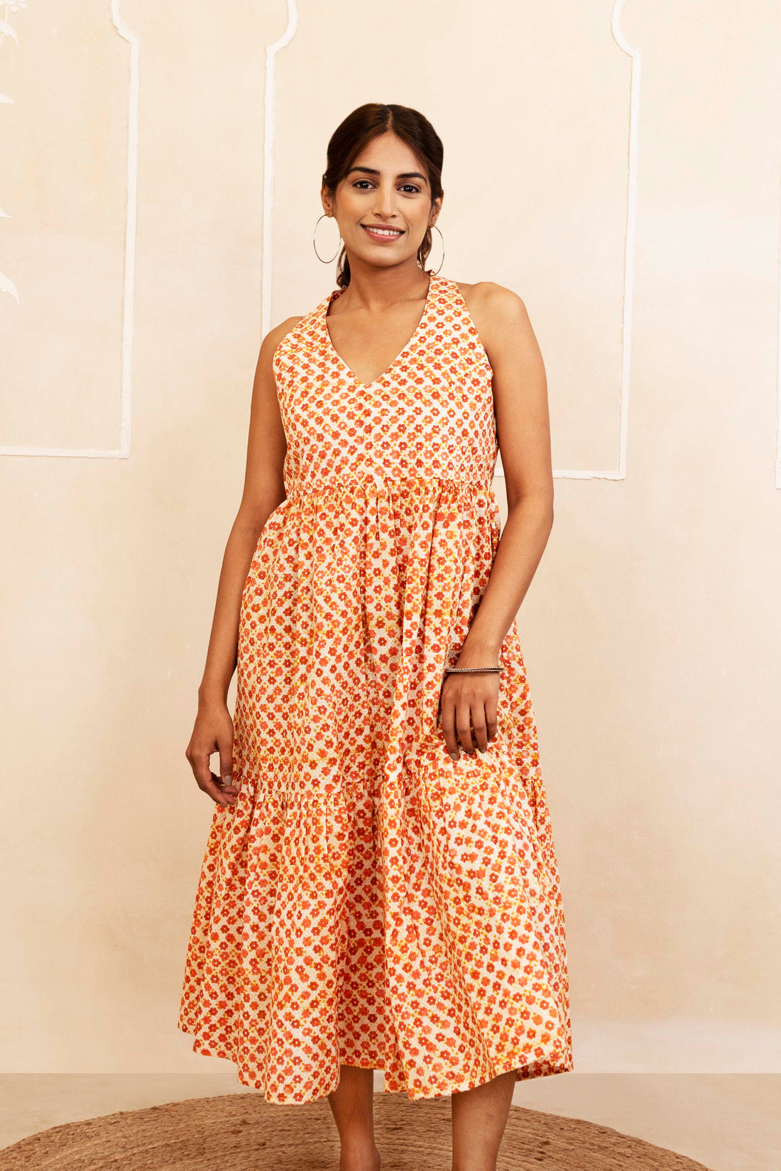 Mustard and Maroon Halter Neck Dress
