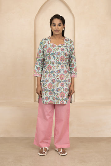 Mint Green Handblock Printed Short Kurti
