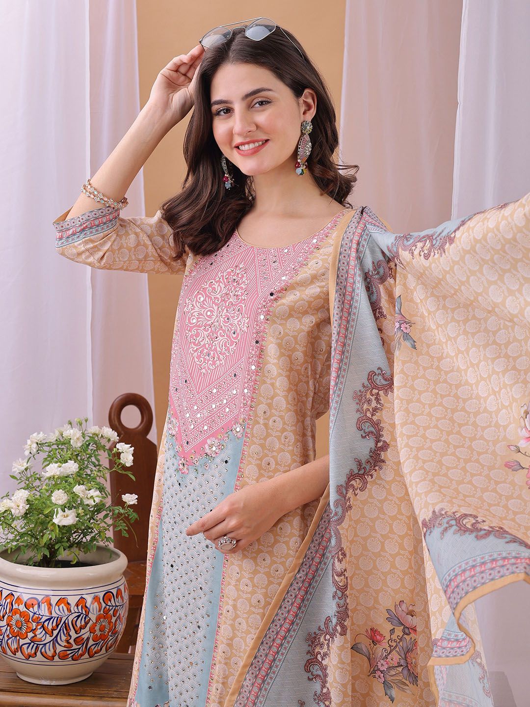 Label Khoj Women's Silk Blend Handwork Kurta with Pant and Dupatta