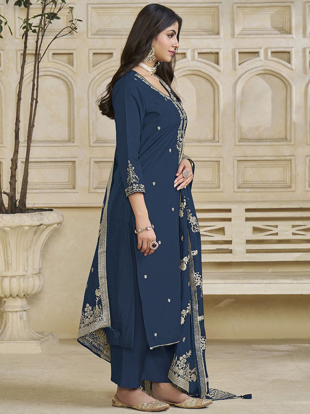 Label Khoj Women Roman Silk Embroidery  Work Blue Color Kurta & Bottom With Dupatta  Set