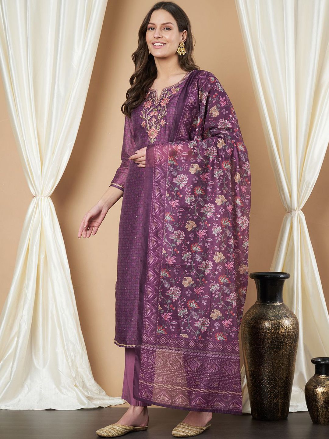 Label Khoj Women's Violet Chanderi Embroidered Kurta with Pant and Violet Dupatta