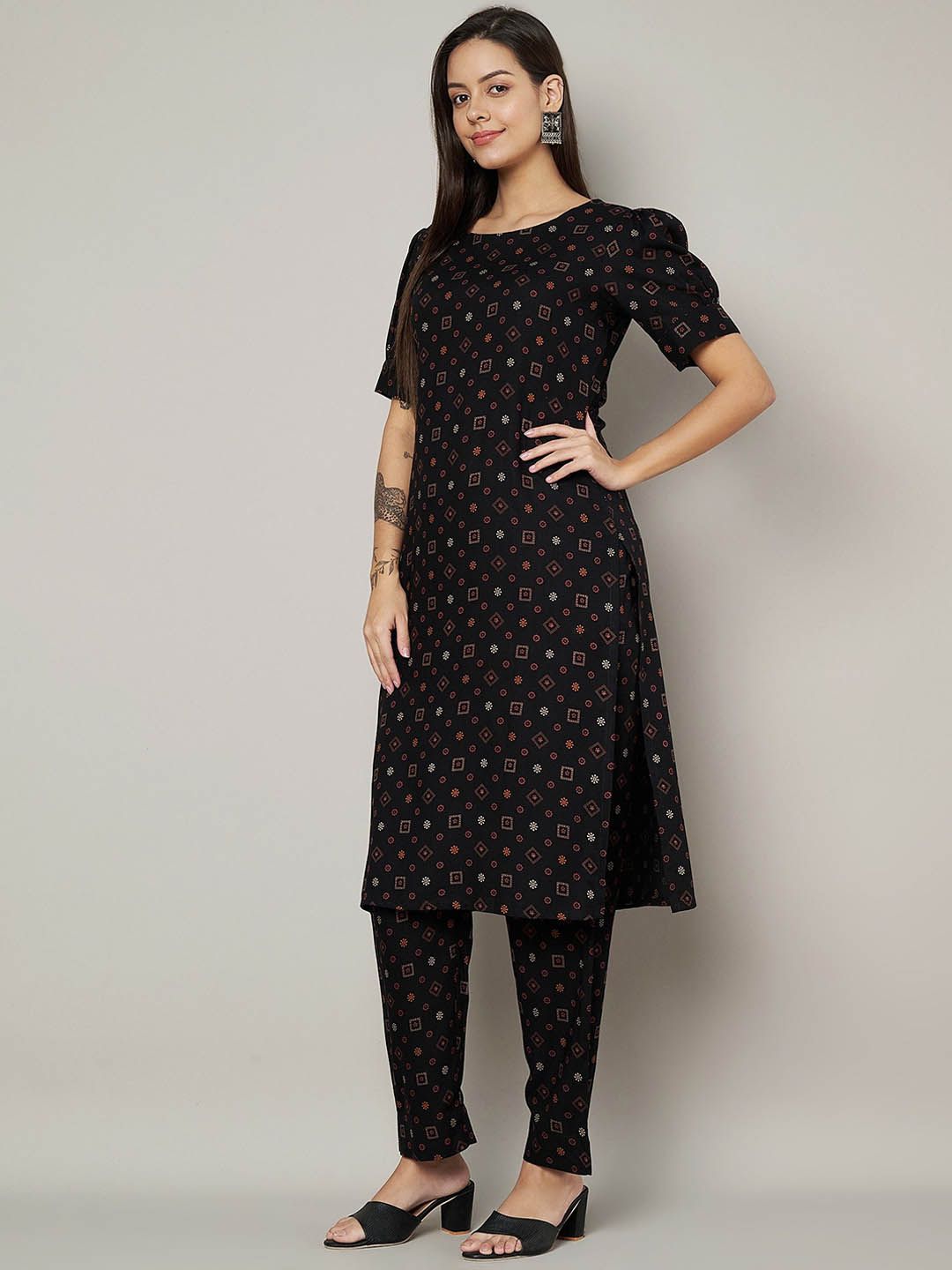 Label Khoj Womens Black Rayon Printed Coord Set