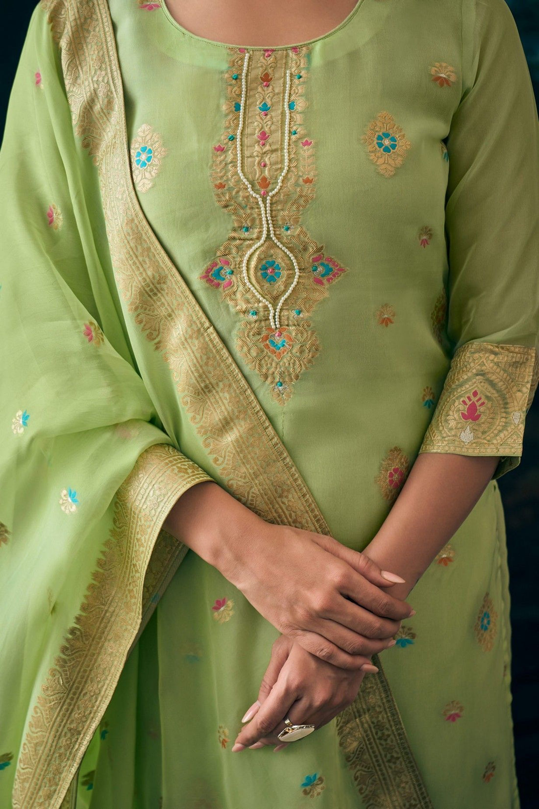 Label khoj Pure viscose Georgette silk with heavy Meena and handwork kurta set