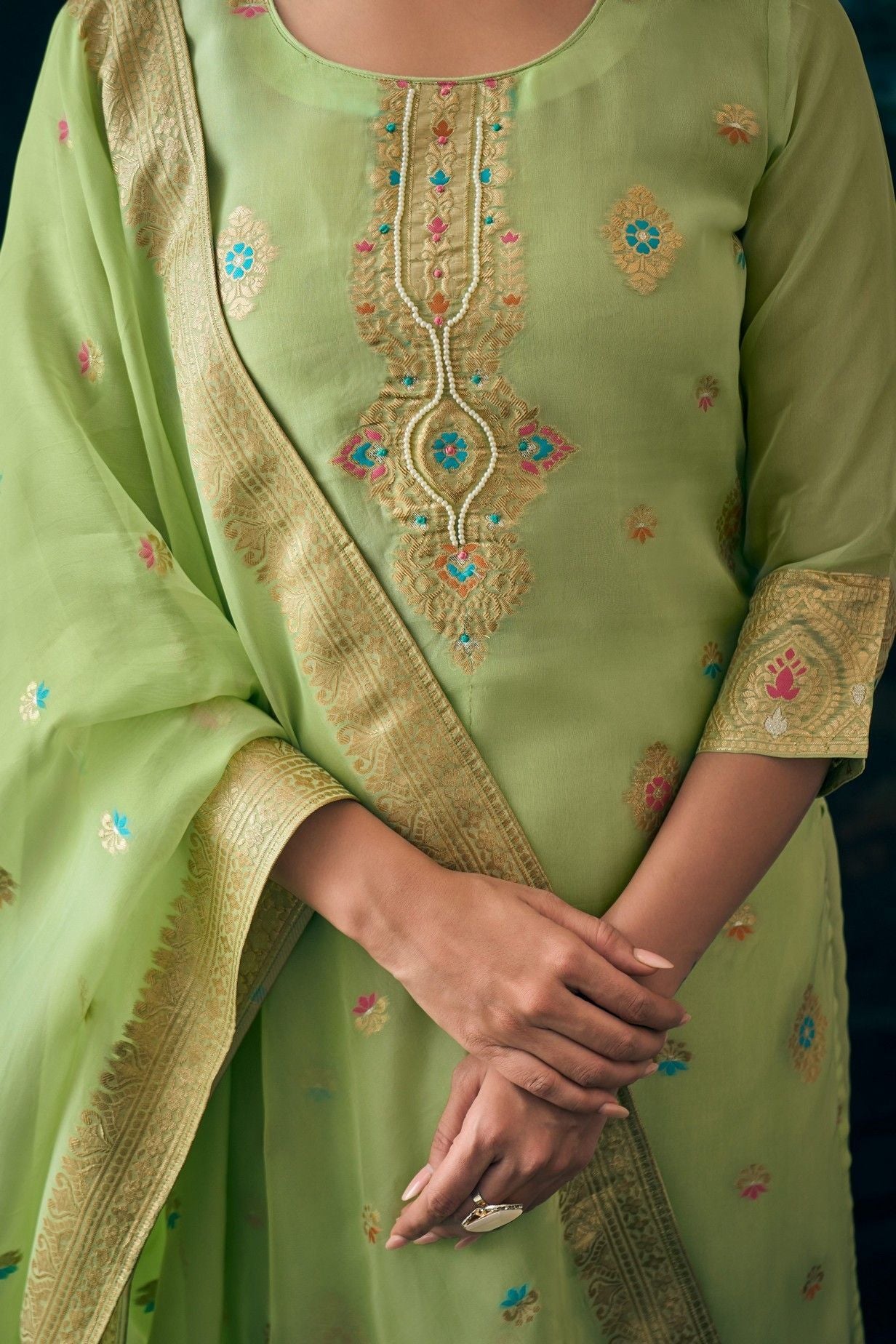 Label khoj Pure viscose Georgette silk with heavy Meena and handwork kurta set