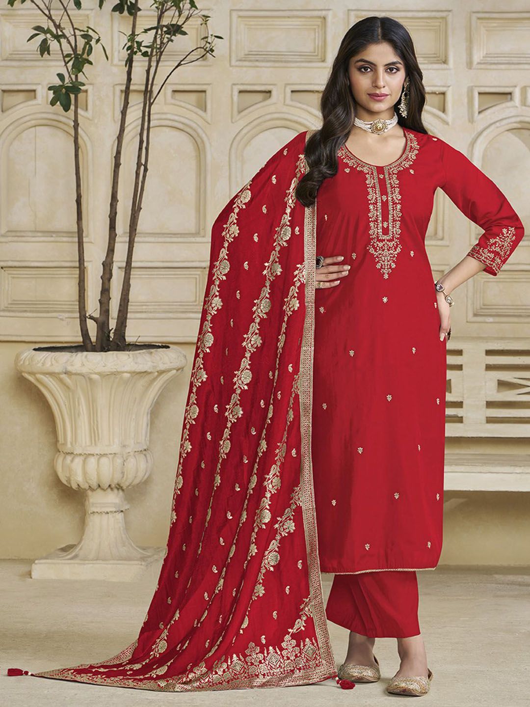 Label Khoj Women Roman Silk Embroidery  Work Red Color Kurta & Bottom With Dupatta  Set
