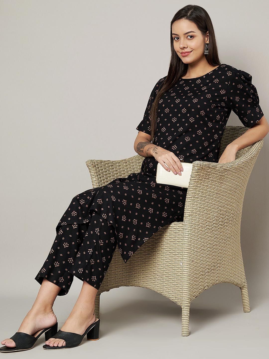 Label Khoj Womens Black Rayon Printed Coord Set
