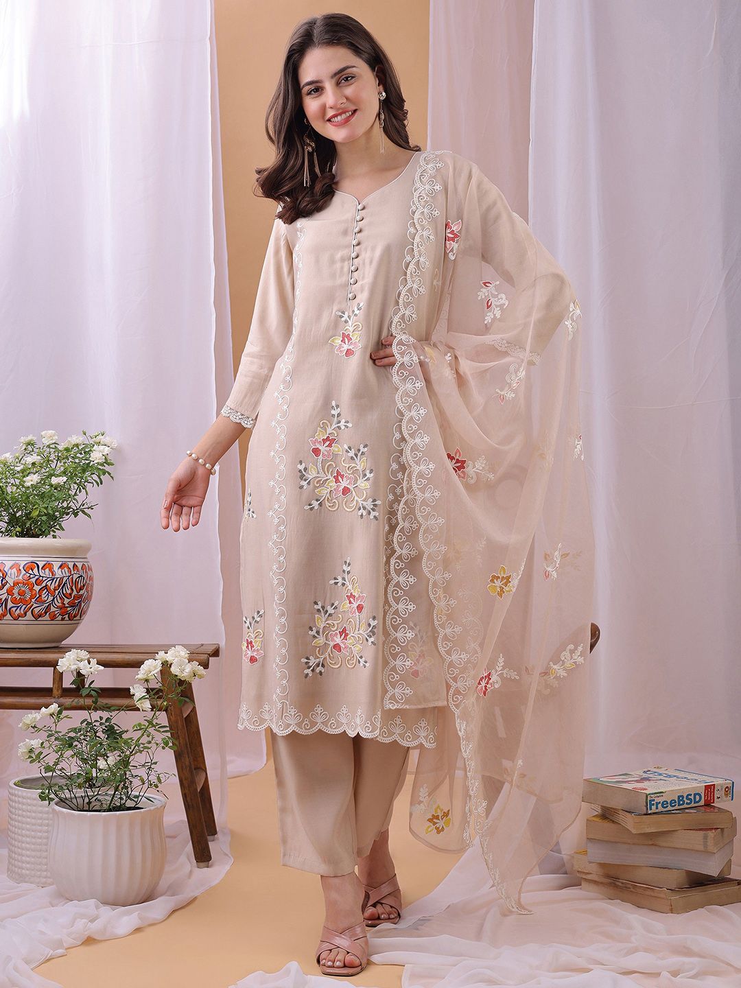 Label Khoj Women's Peach Silk Blend Thread Work Kurta with Pant and Peach Dupatta