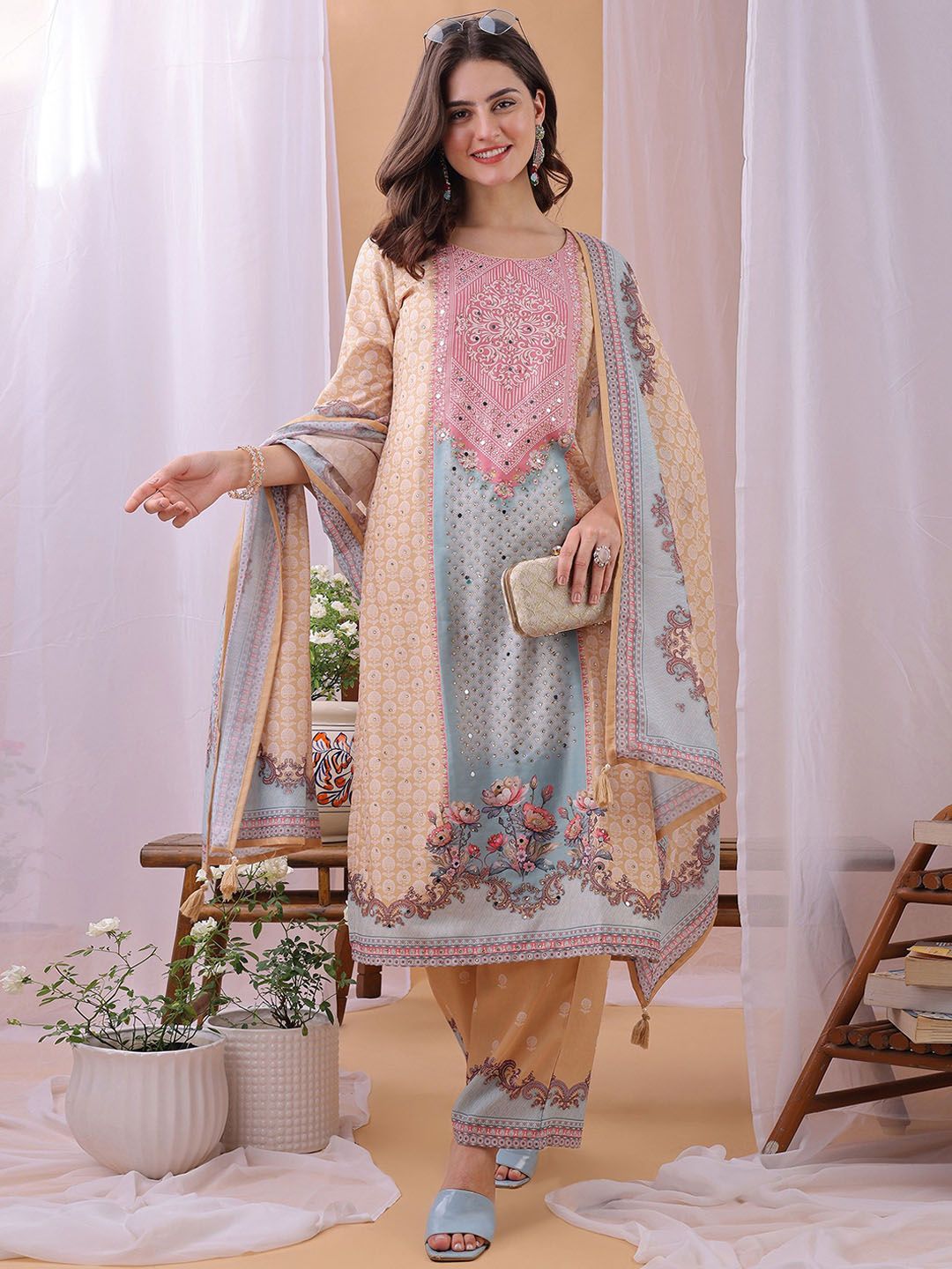 Label Khoj Women's Silk Blend Handwork Kurta with Pant and Dupatta