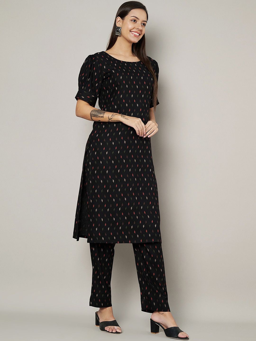 Label Khoj Womens Black Rayon Printed Coord Set