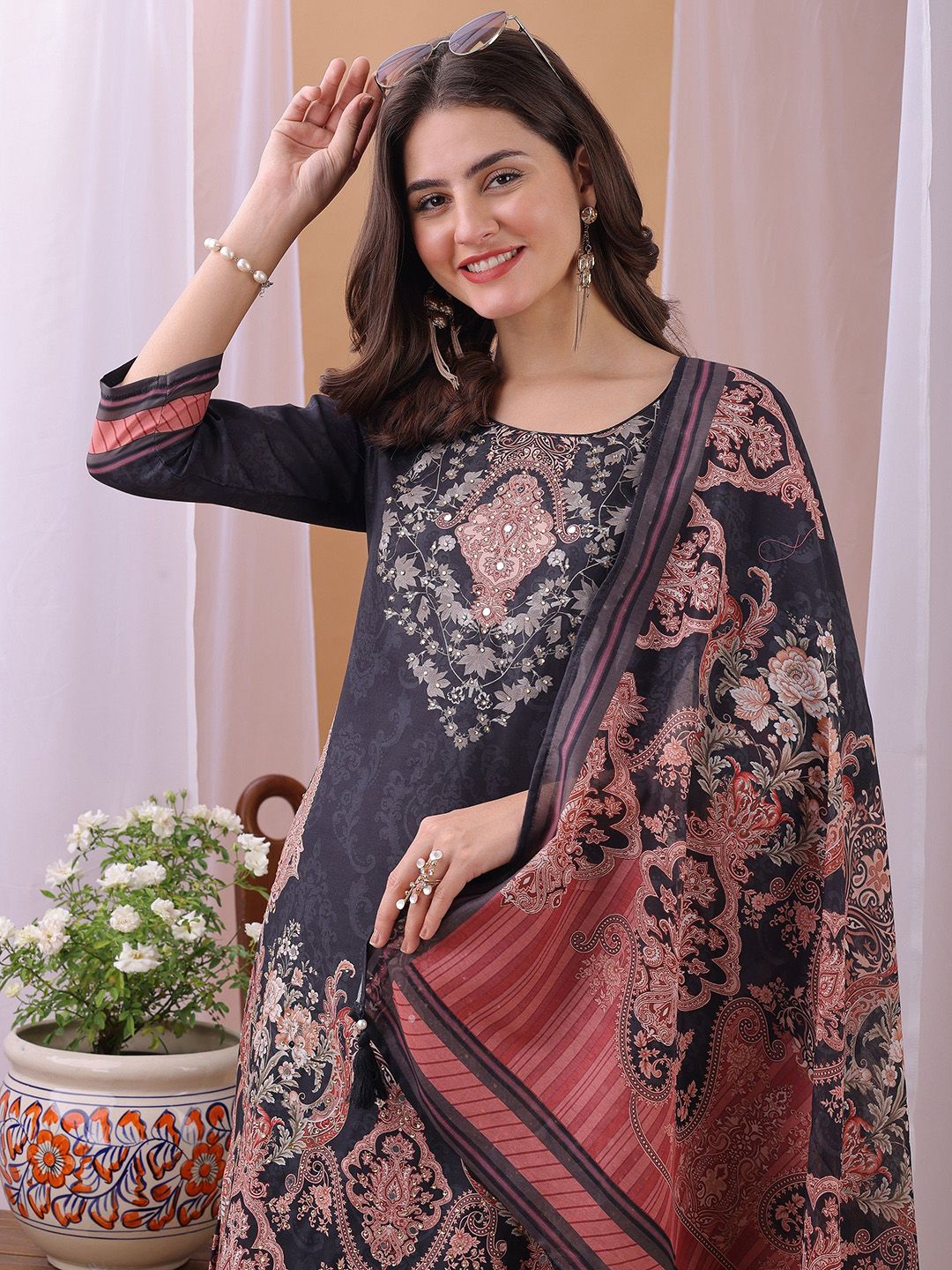 Label Khoj Women's Silk Blend Handwork Kurta with Pant and Dupatta