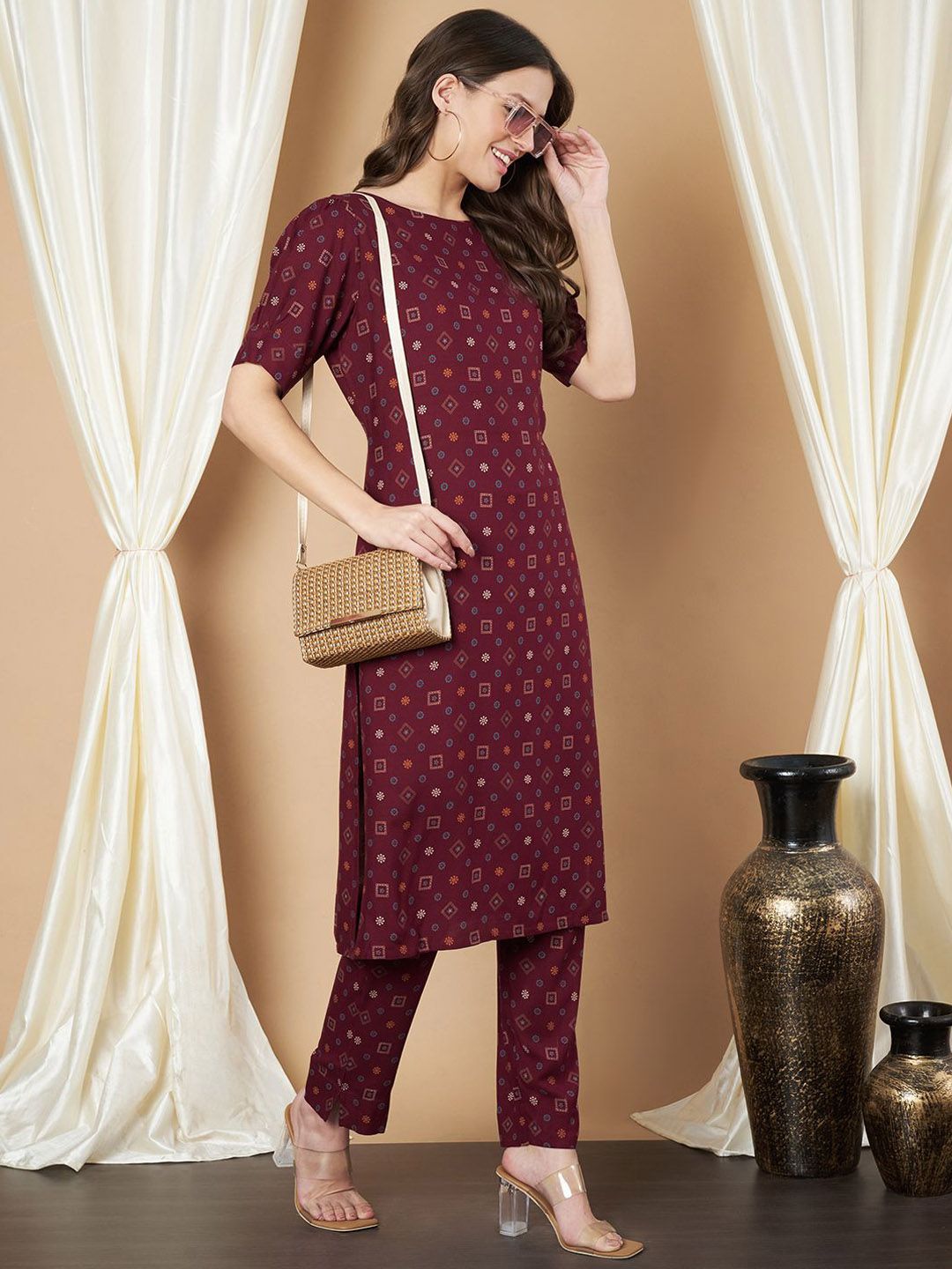 Label Khoj Women's Maroon Printed Rayon Cord Set