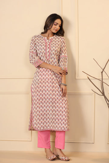 Beige Brown Lotus Printed Kurta