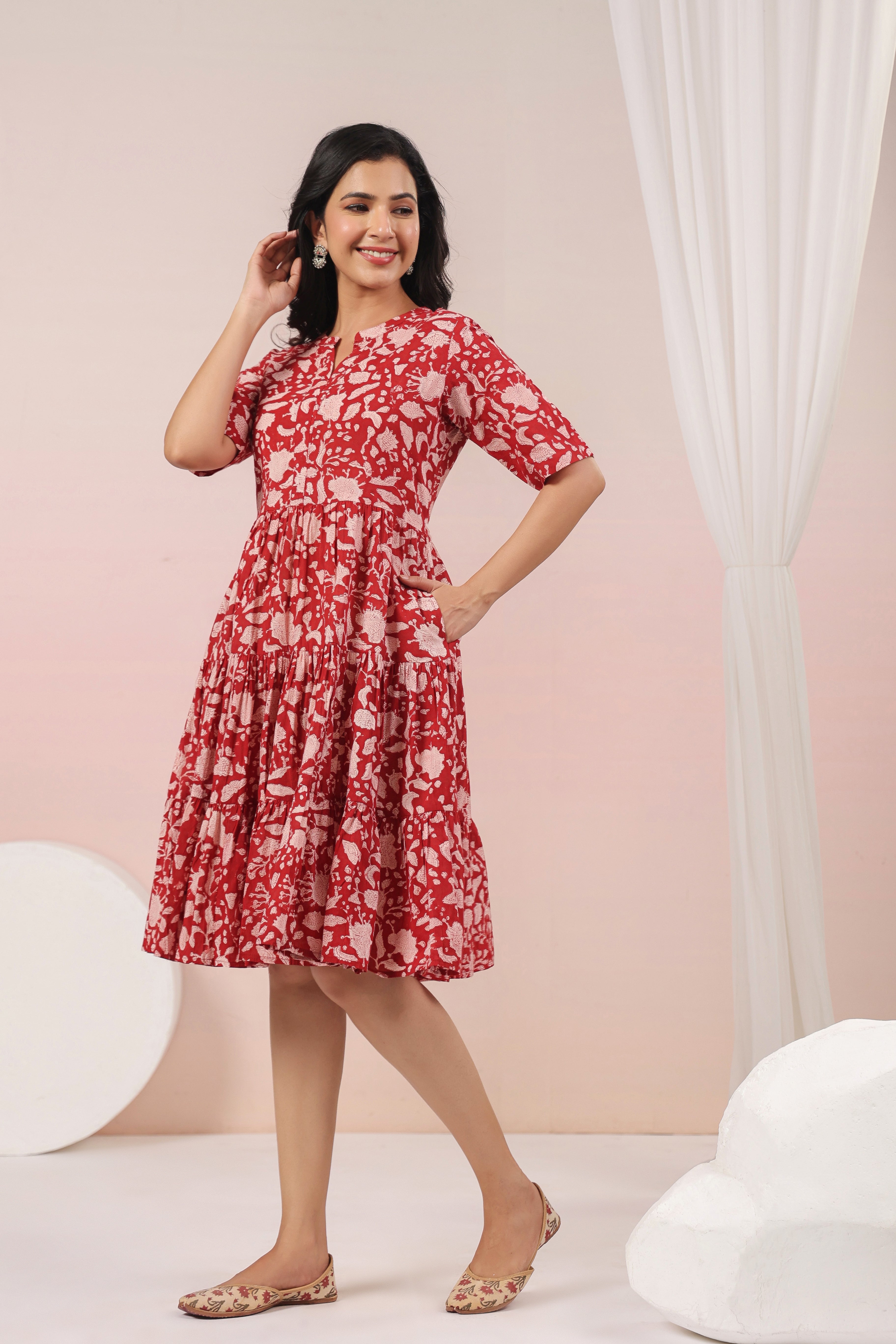 Shuddhi Red and Beige Tier Dress