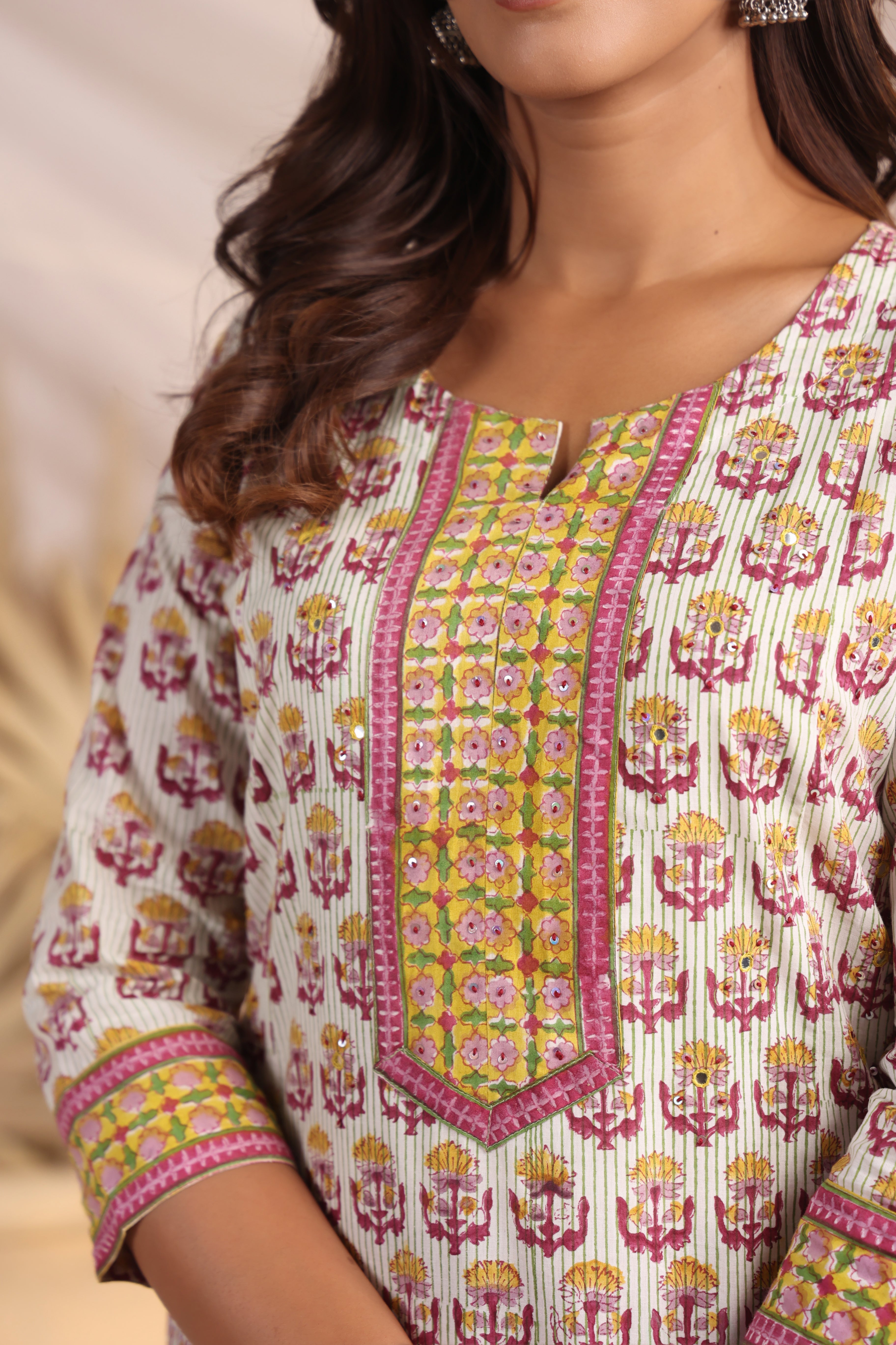 Shuddhi  Yellow and Pink Semi Aline Kurta