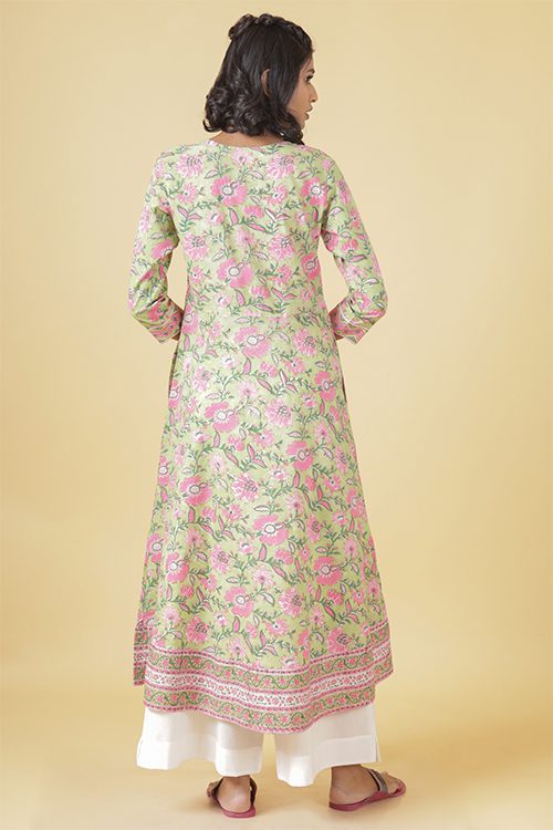 Mint Green With Gladiolus Pink A Line Kurta