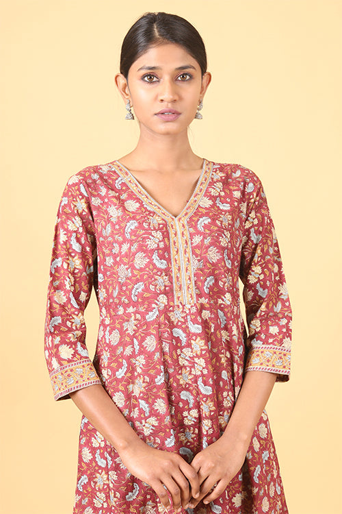 Shuddhi Amber Red with Ice Blue Handblock Printed Anarkali