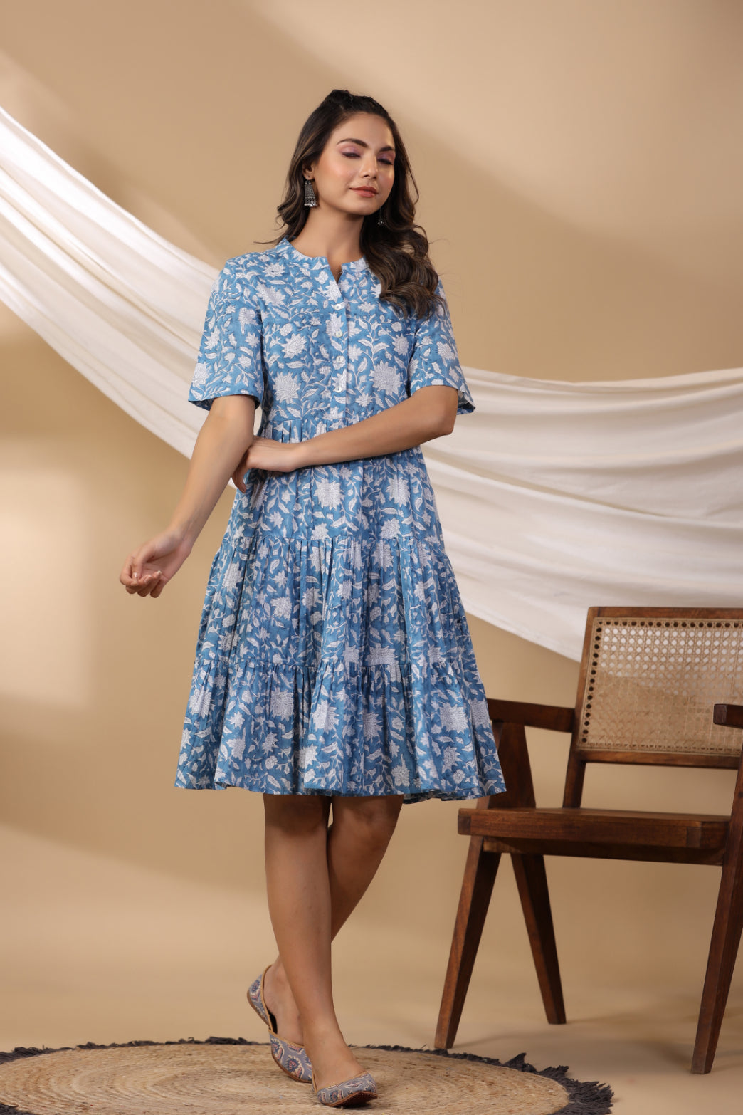 Cerulean Blue Short Button Down Dress
