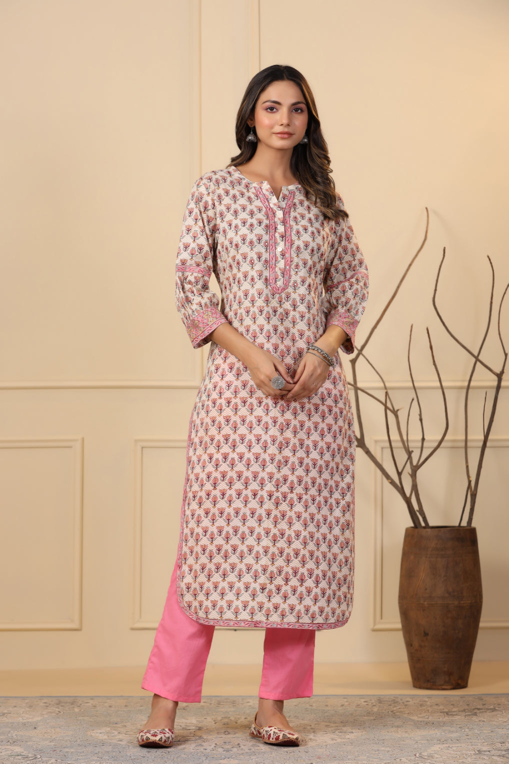 Beige Brown Lotus Printed Kurta