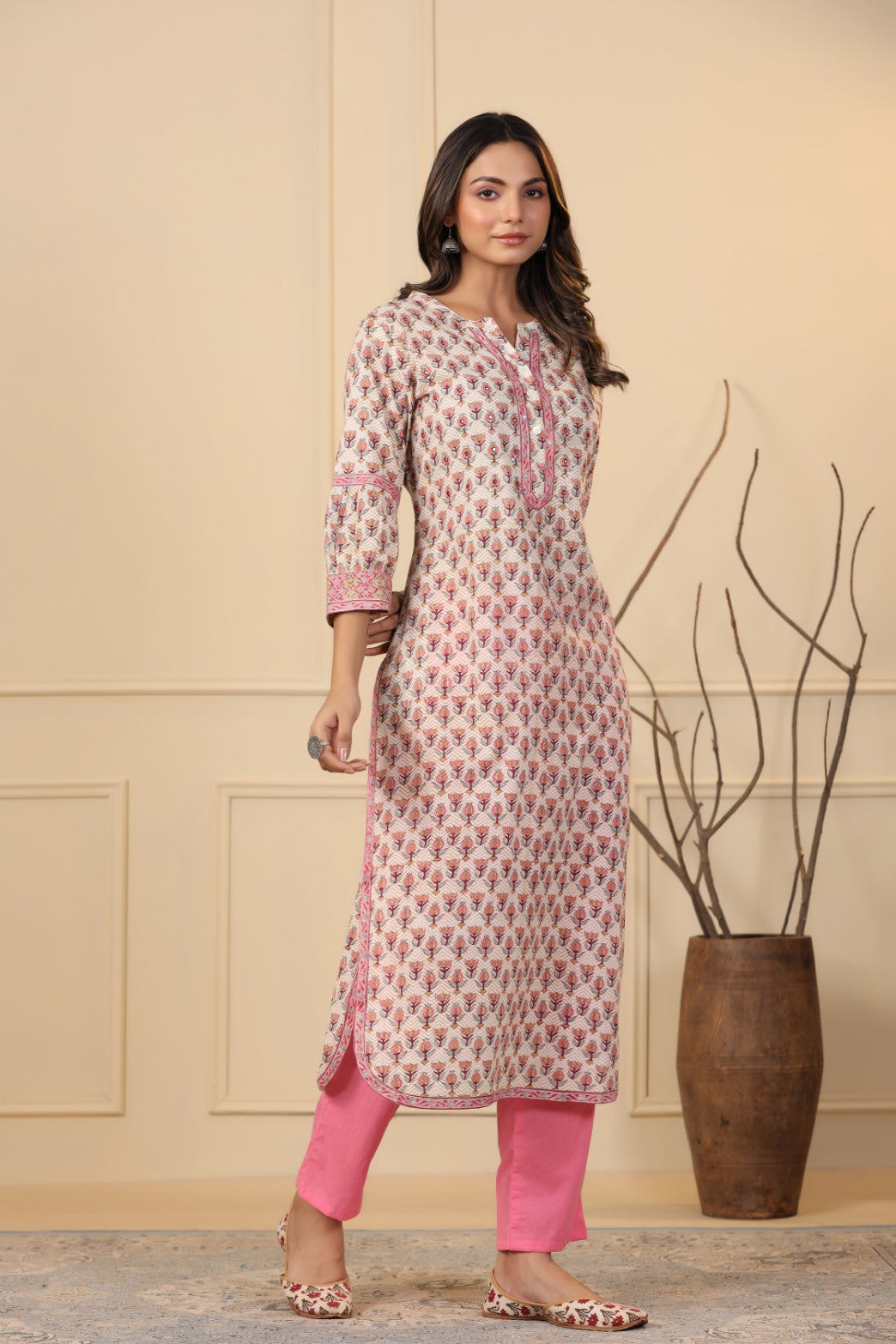 Beige Brown Lotus Printed Kurta