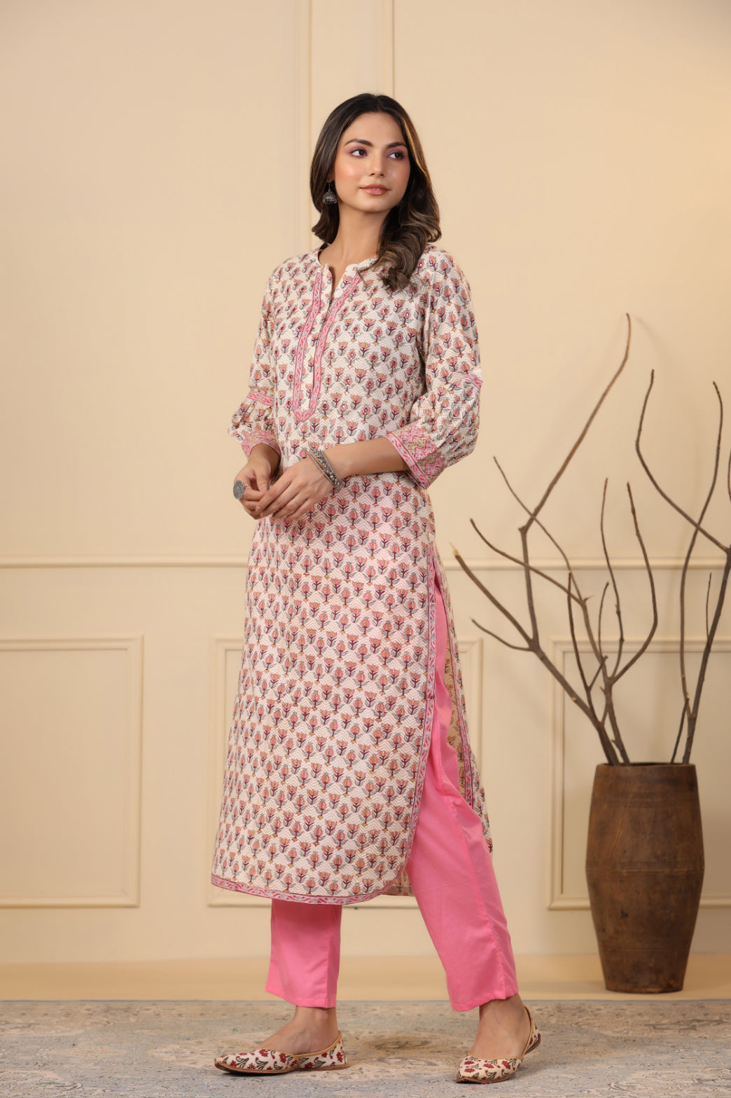 Beige Brown Lotus Printed Kurta