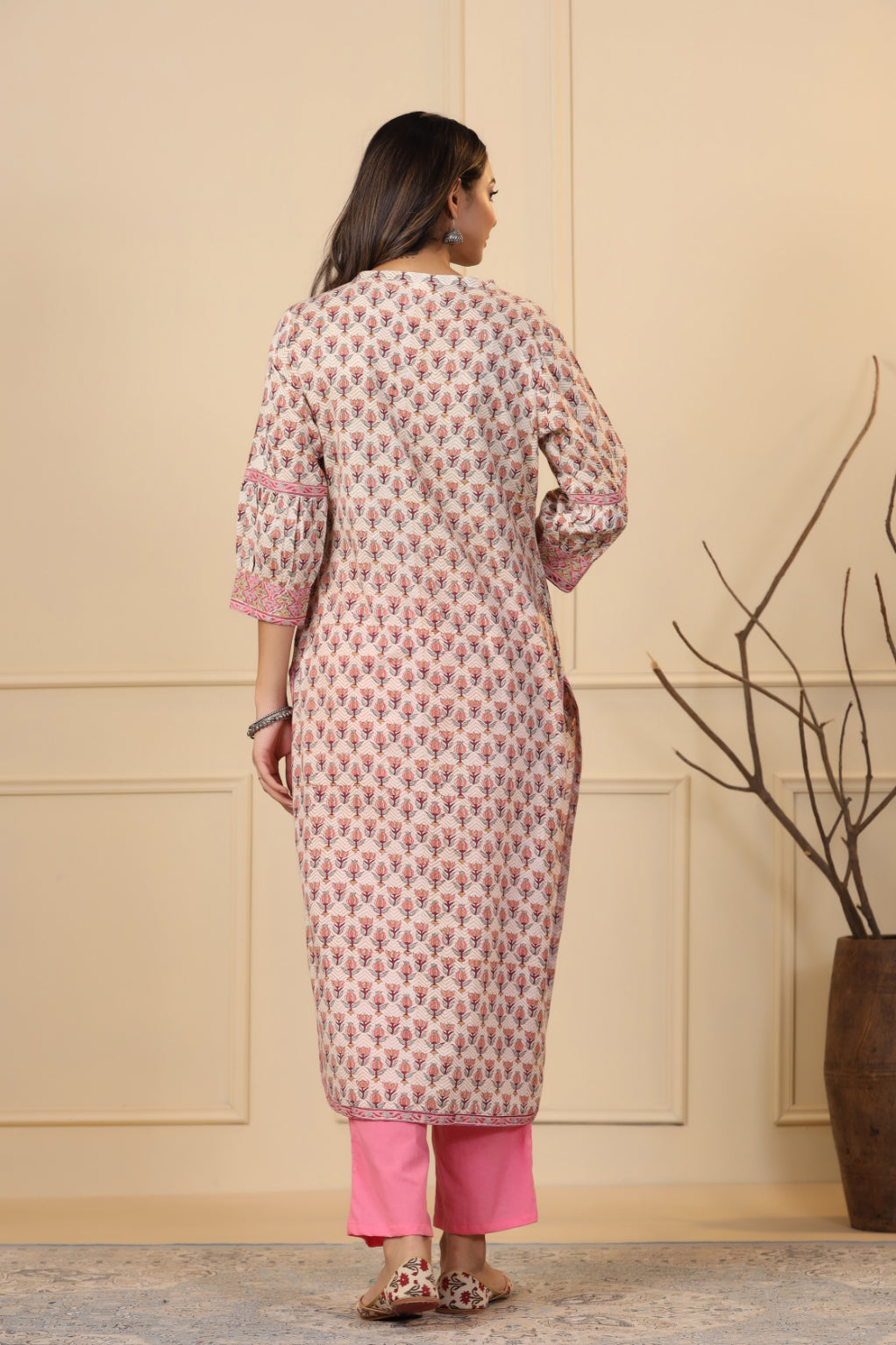 Beige Brown Lotus Printed Kurta