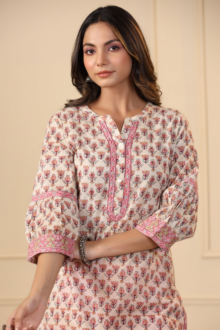 Beige Brown Lotus Printed Kurta